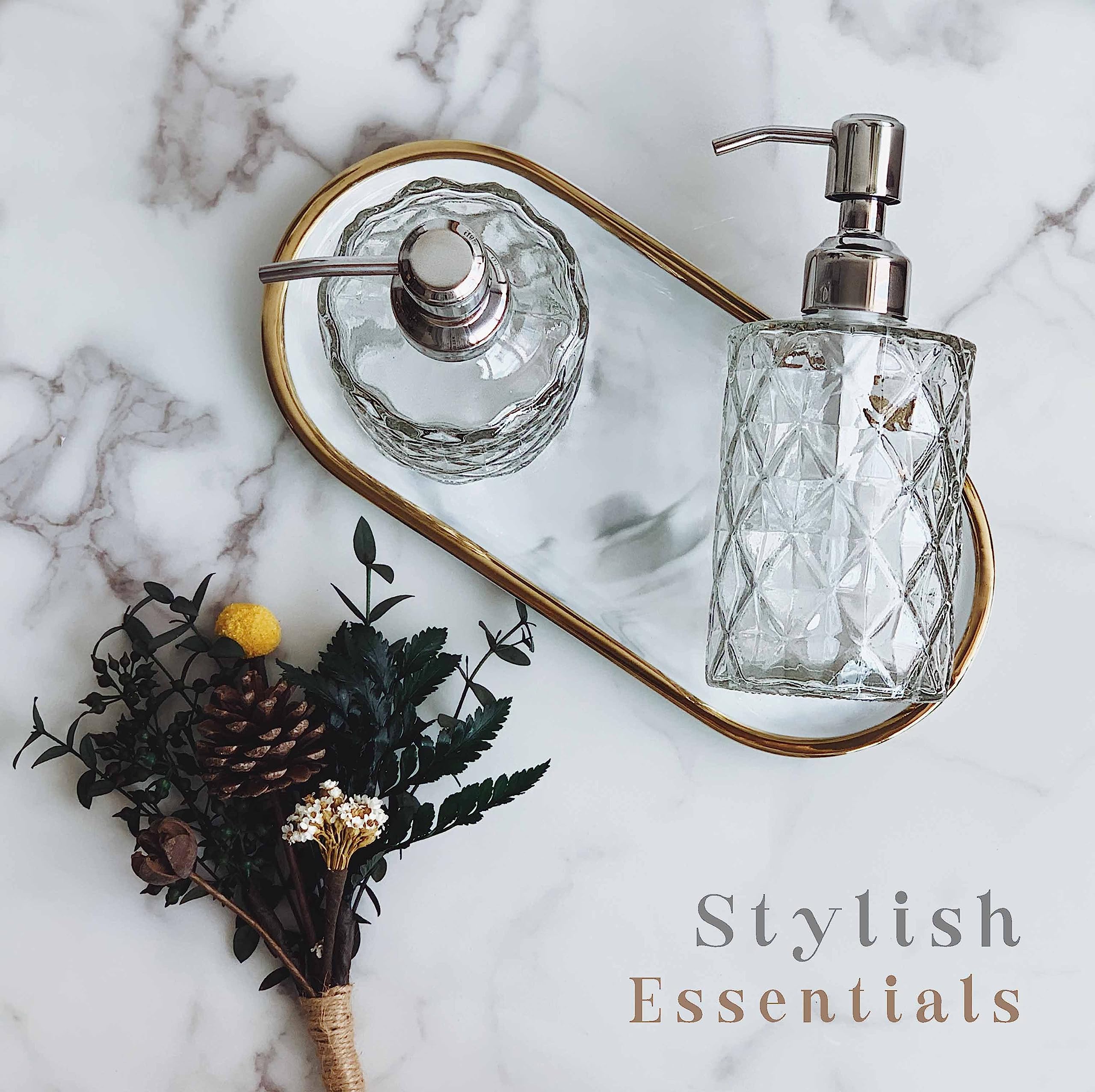 Jasai 2Pack Diamond Embossed Glass Soap Dispenser With 304 Rustproof Stainless Steel Pump, 12 Oz Bathroom Soap Dispenser With A