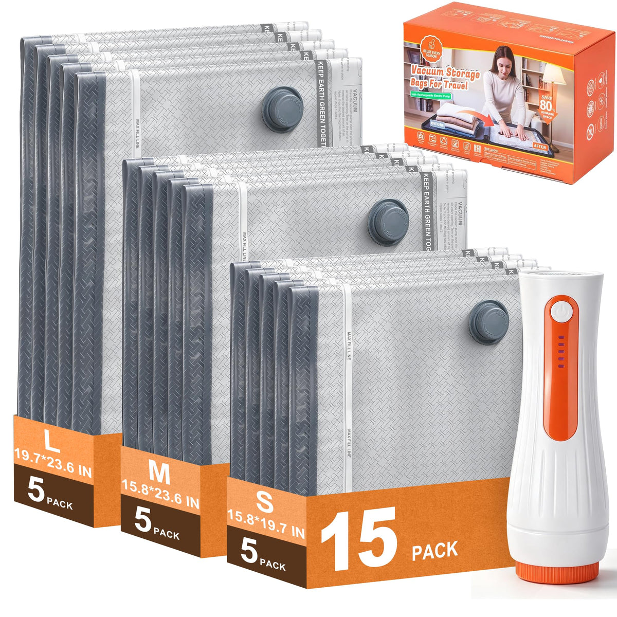 15 Pack Vacuum Seal Bags for Clothing Travel with Rechargeable Pump