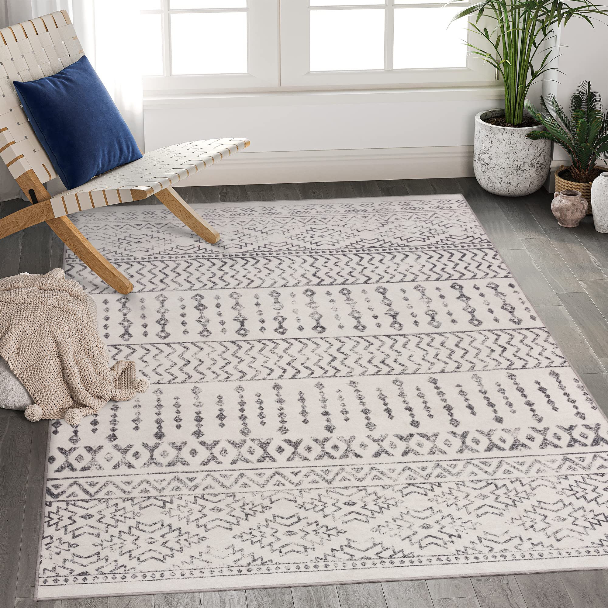 Art&Tuft Area Rug 5x7, Super Soft Ultra-Thin Moroccan Washable, Anti-Slip Backing Rugs for Living Room, Foldable Geometric Machi