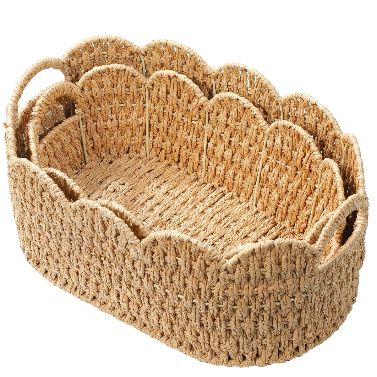 Coeusy Paper Rope Scalloped Basket Set of 2, Wicker Storage Baskets for Shelves,Gifts,Books,Toys,Cute Decor Rattan Baskets for O