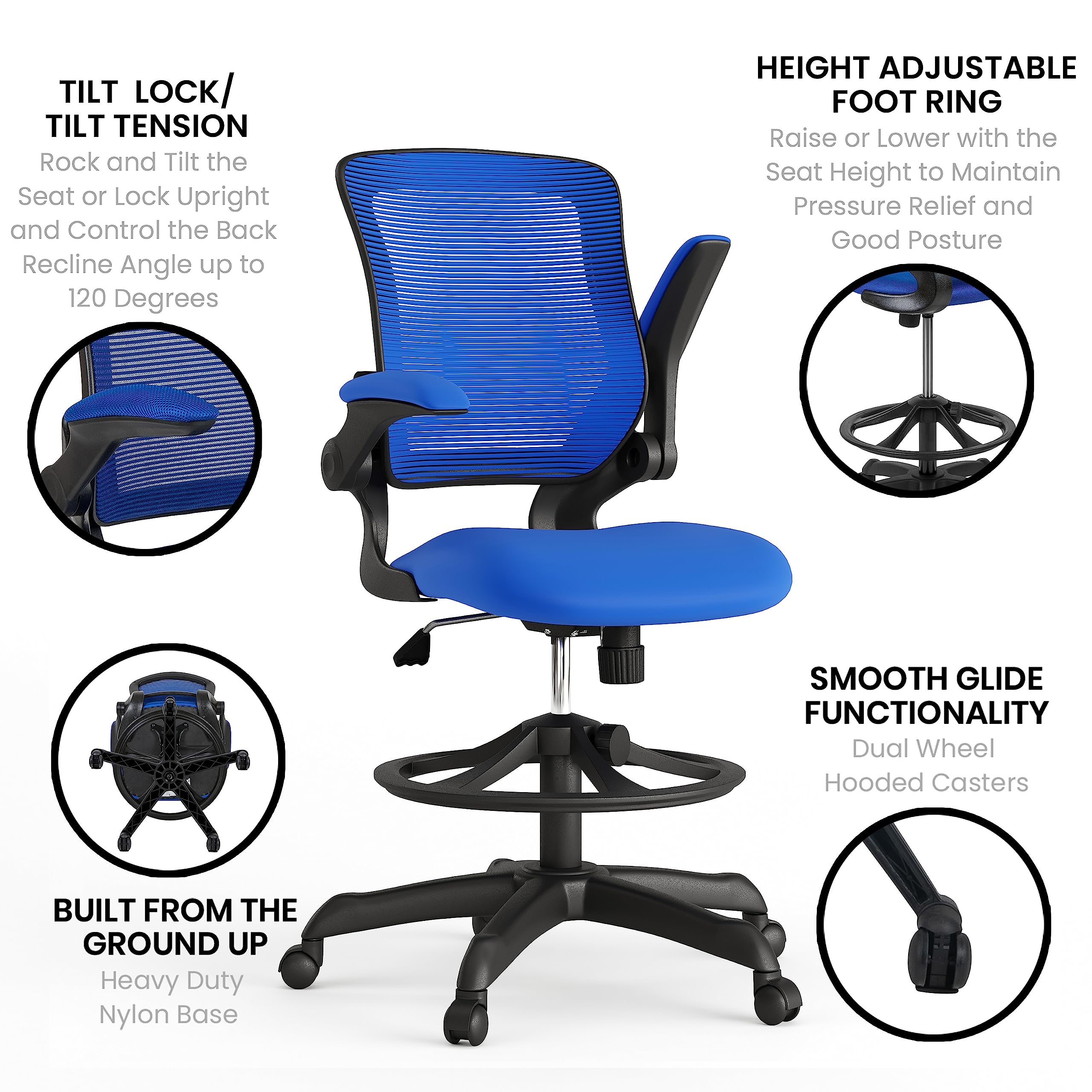Flash Furniture Kale Mid-Back Blue Mesh Ergonomic Drafting Chair | Adjustable Foot Ring, Flip-Up Arms