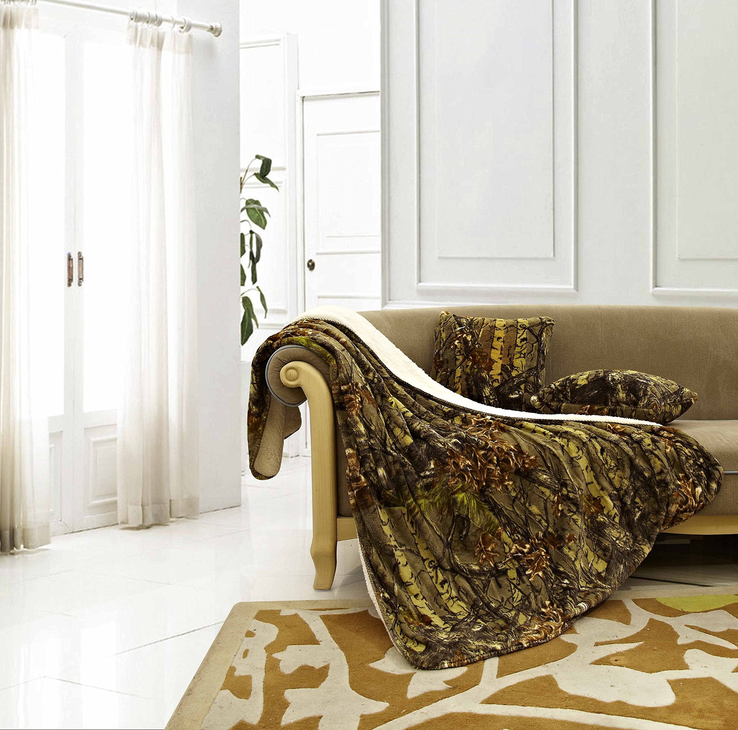 Regal Comfort The Woods Luxury 3pc Set Natural Green Sherpa 50''x70'' Fleece Blanket and 18''x18'' Plush Throw Home Collection -