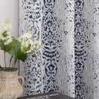 Mrs.Naturall Navy Blue Curtains 96 Inches Long 2 Panel Set For Sliding Glass Door,50% Blackout Boho Floral Patterned Print Black Out Curtains For Living Room