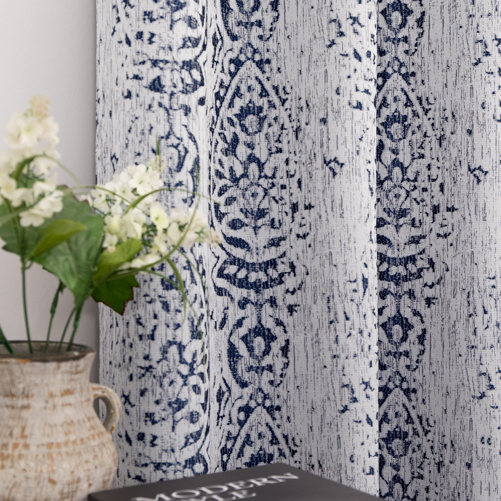 Mrs.Naturall Navy Blue Curtains 96 Inches Long 2 Panel Set For Sliding Glass Door,50% Blackout Boho Floral Patterned Print Black Out Curtains For Living Room