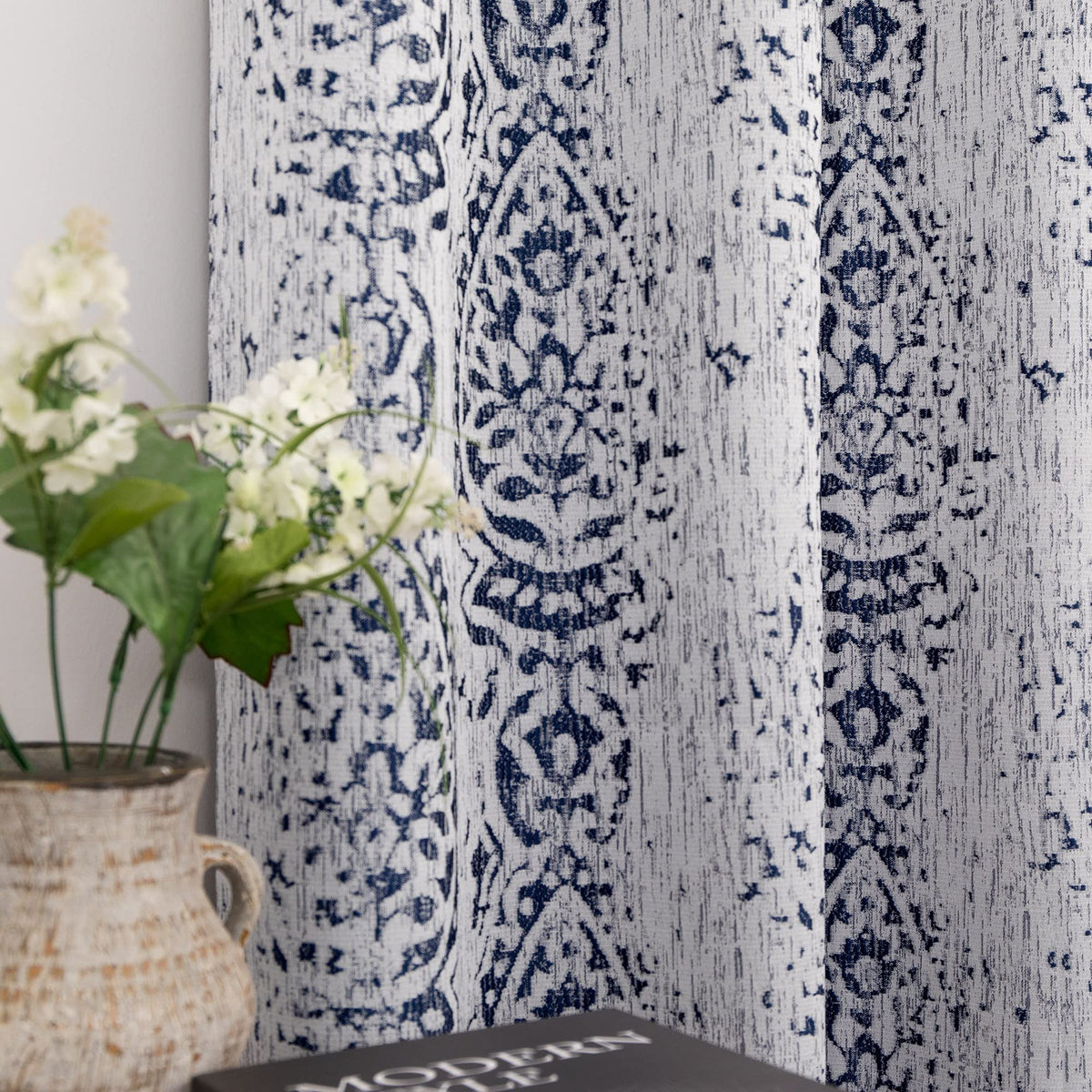 84 Inch Length Navy Blue Pattern Curtains for Living Room 2 Panel Set Grommet Damask Medallion Print Textured Grey Cream White J