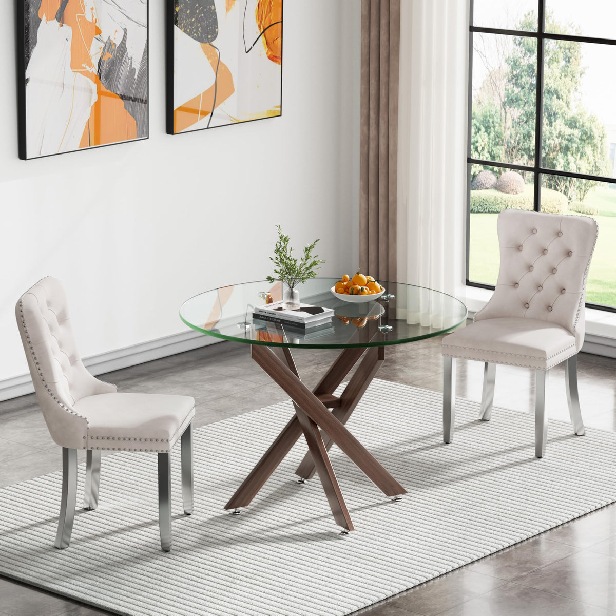 Kuvadaz 36' Modern Walnut Glass Dining Room Table Set For 2, 3-Piece Round Kitchen Dining Table Set With Cross Metal Legs And 2