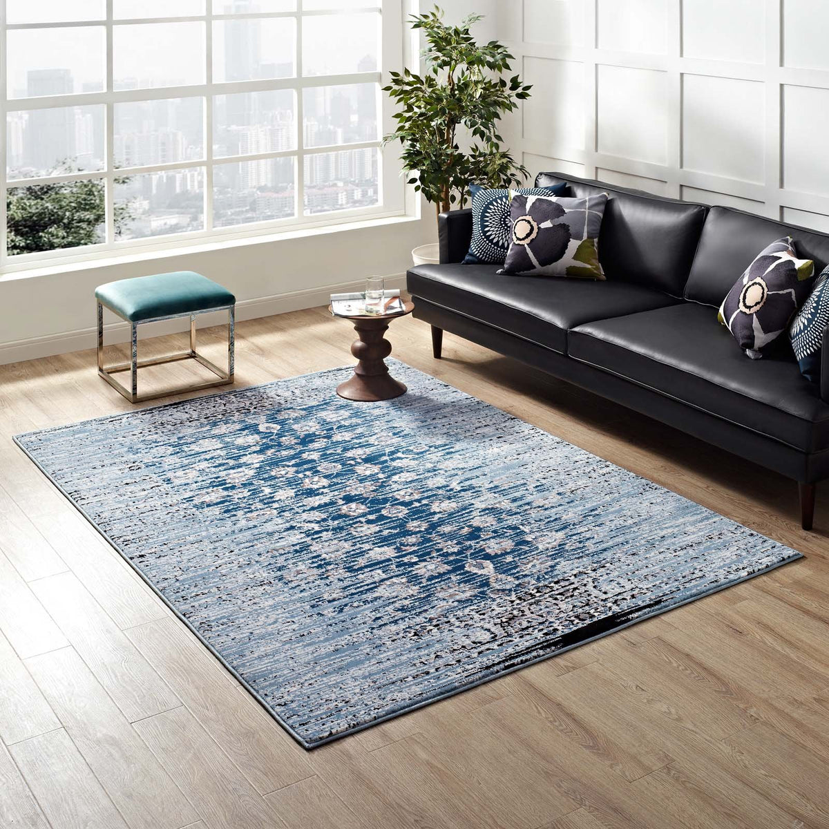 Modway Chiara Distressed Floral Lattice Contemporary 5X8 Area Rug In Moroccan Blue