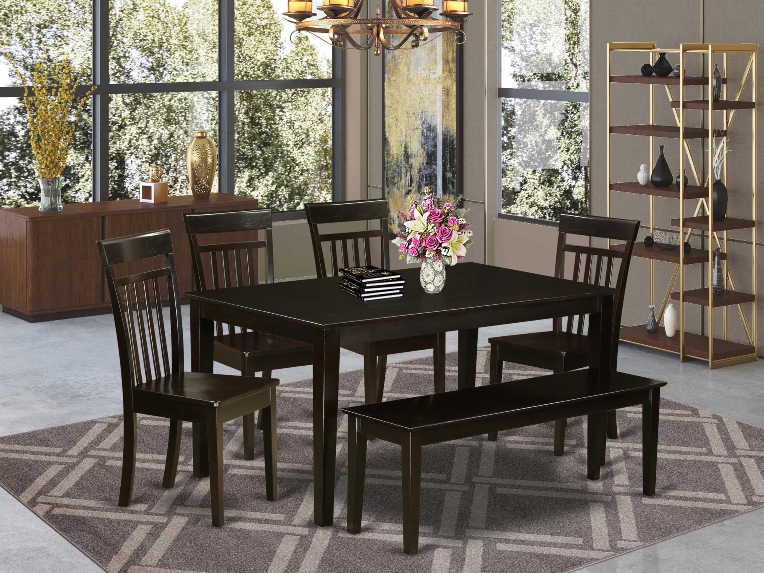 6 Piece Kitchen Table Set Contains a Rectangle Dining Table and 4 Dining Chairs with a Bench