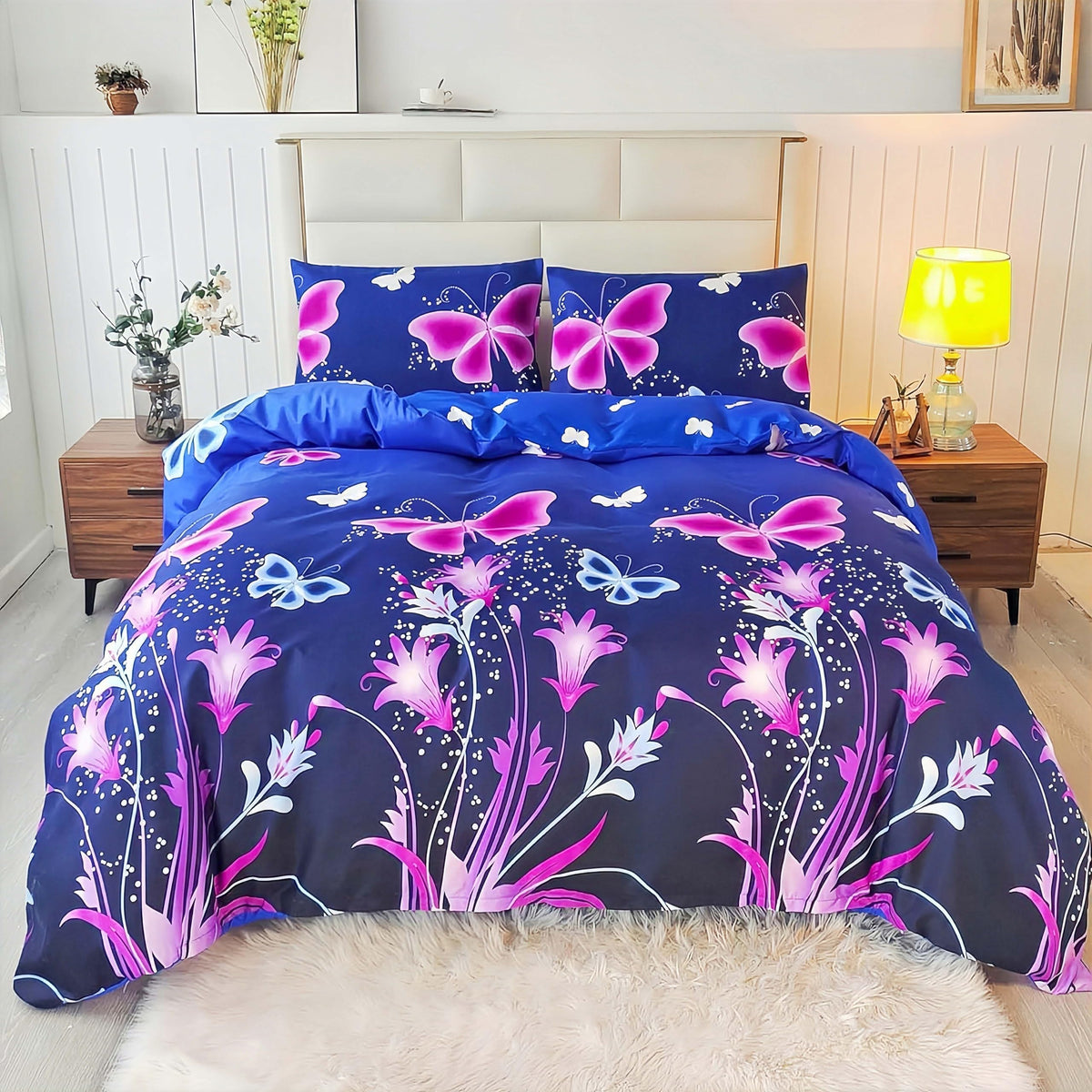 Sdy 3Pcs Butterfly Duvet Cover Set, Blue Butterfly Queen Bedding Set, Kawaii Reversible Queen Bed Set, Beautiful Flower Duvet Co
