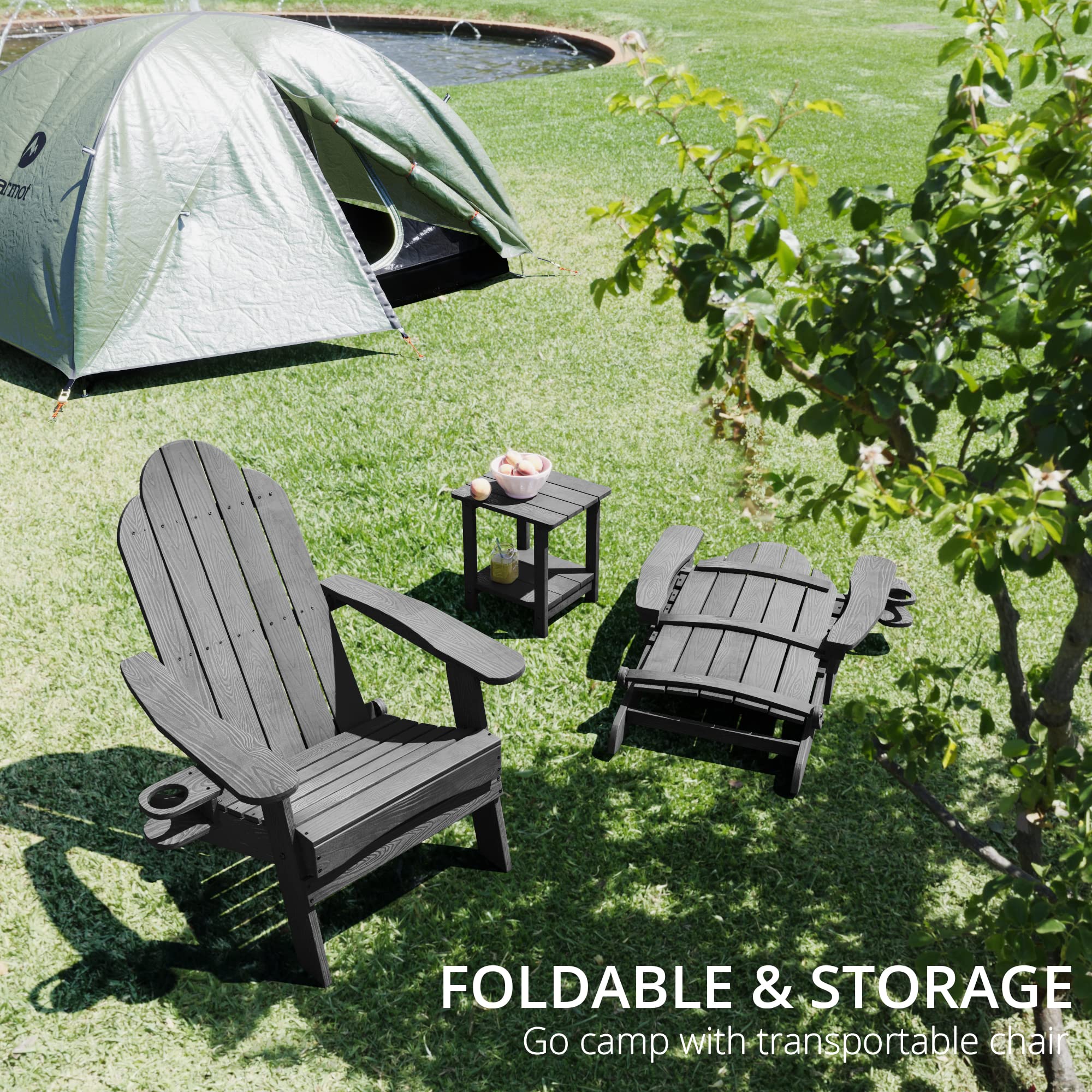 Lue Bona Folding Adirondack Chair Set Of 4, Dark Gray Hdps Fire Pit Patio Chairs Weather Resistant, Modern Plastic Outdoor Chairs With Cup Holder