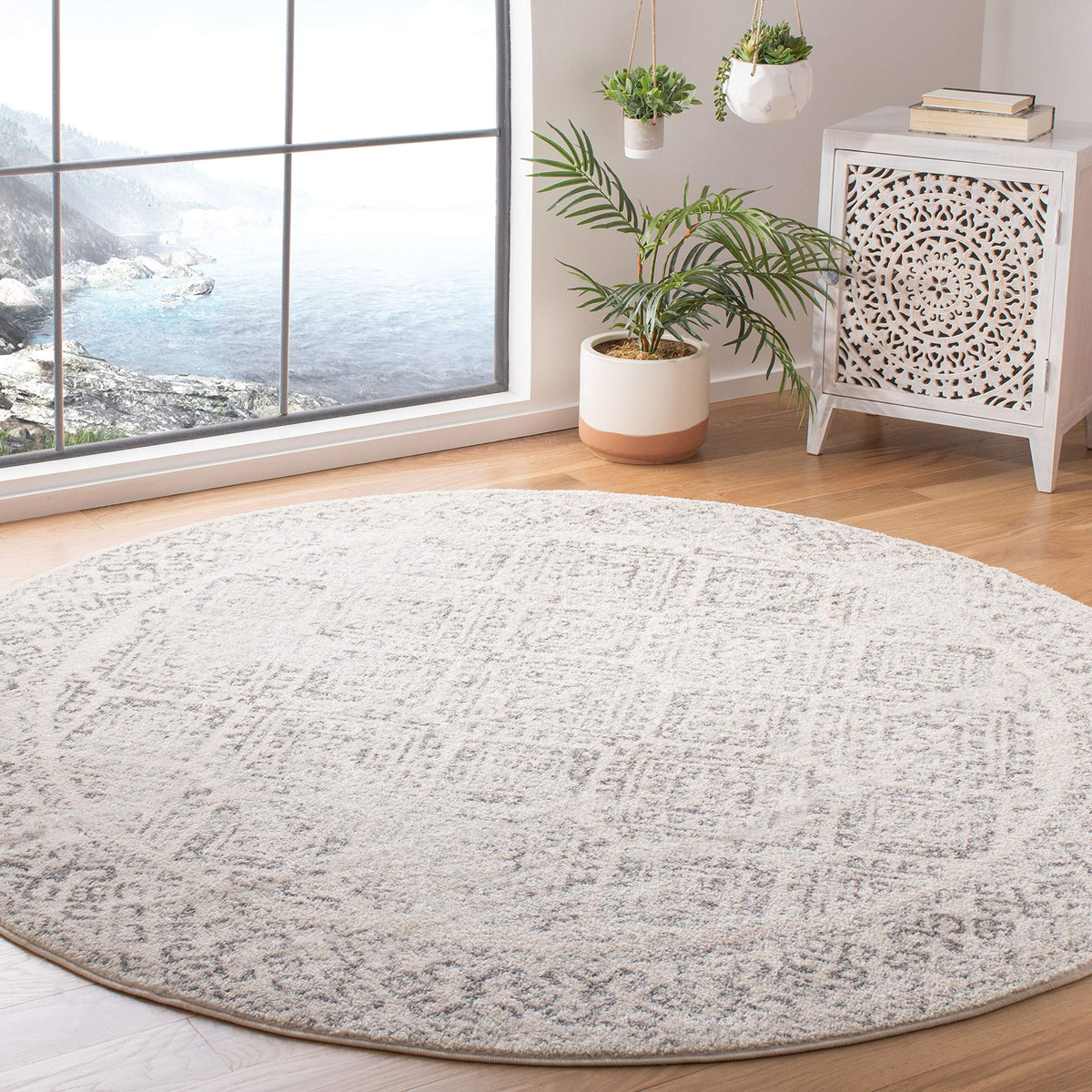Safavieh Tulum Collection 5 Round Ivorygrey Tul264A Moroccan Boho Distressed Non-Shedding Dining Room Entryway Foyer Living Room