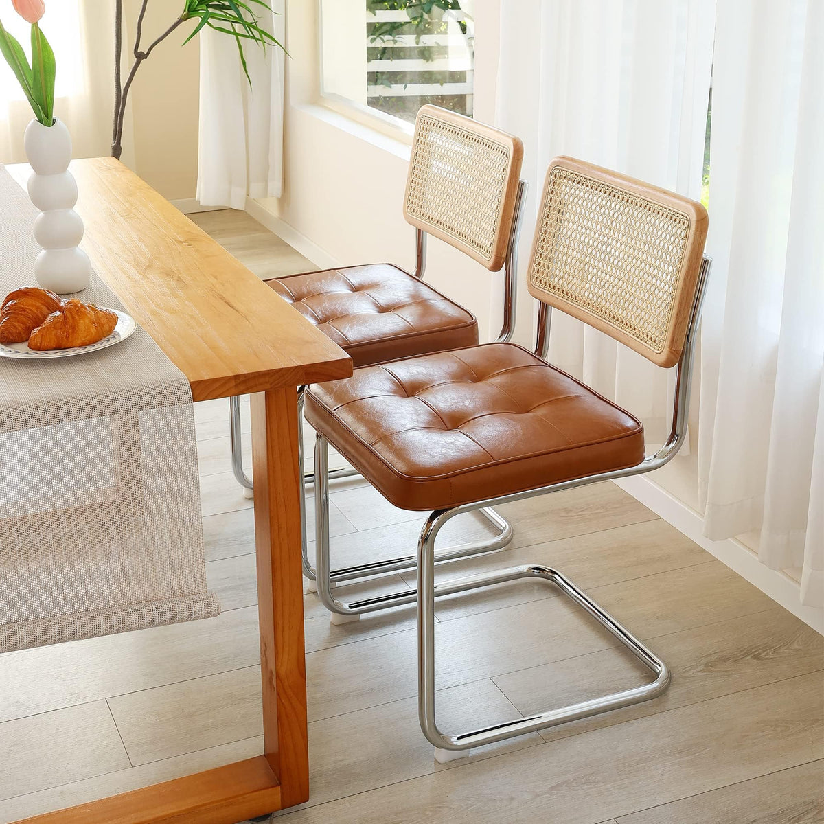 Onevog Faux Leather Dining Chairs Set Of 2, Mid-Century Modern Kitchen Chairs With Natural Rattan Back And Non-Slip Metal Legs, 19' Upholstered Armless Dining Room Chairs, Caramel Brown