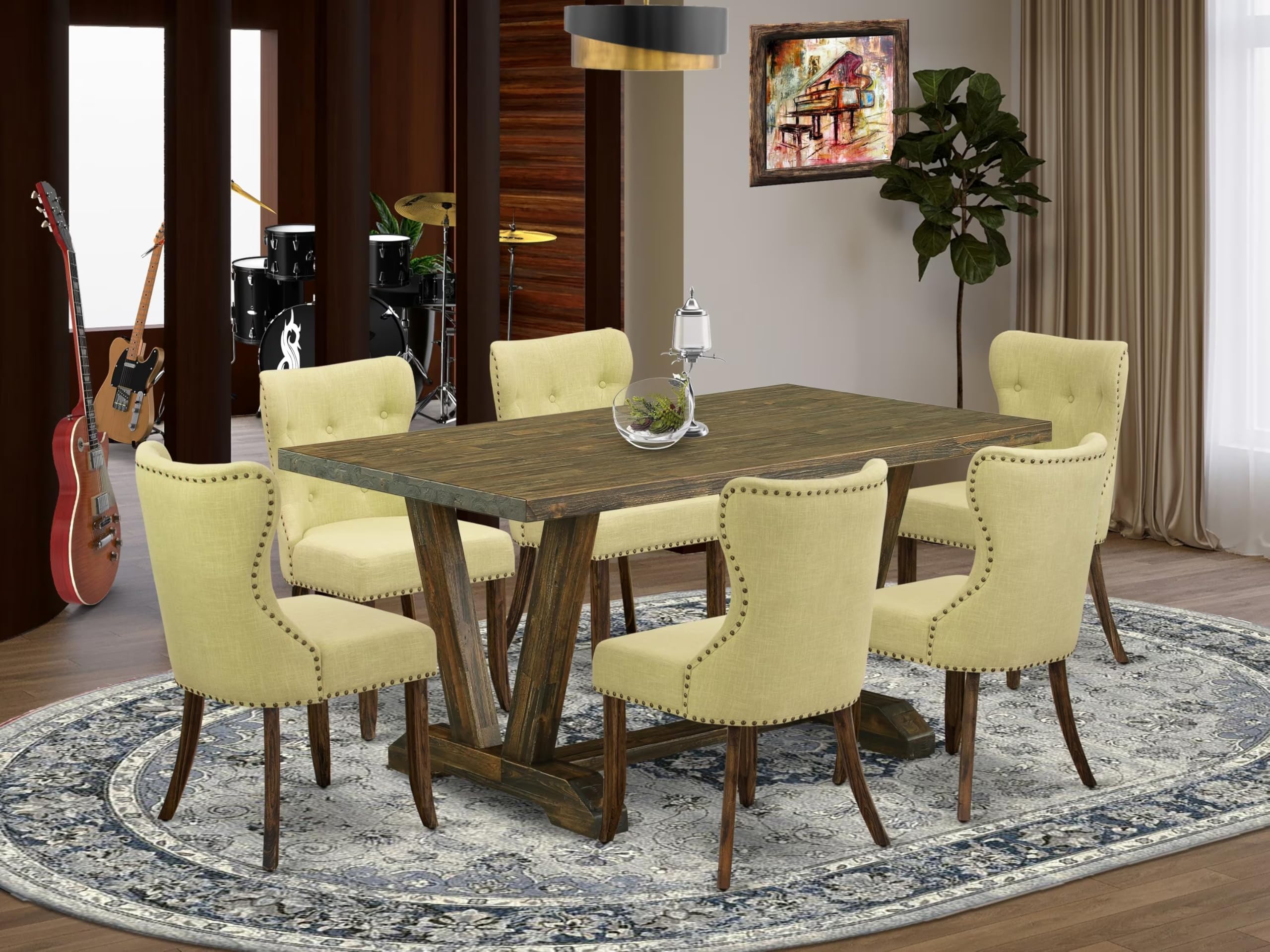 East West Furniture V776Si737-7 7 Piece Dining Set Consist Of A Rectangle Dining Room Table With V-Legs And 6 Limelight Linen Fabric Upholstered Parson Chairs, 36X60 Inch, Multi-Color