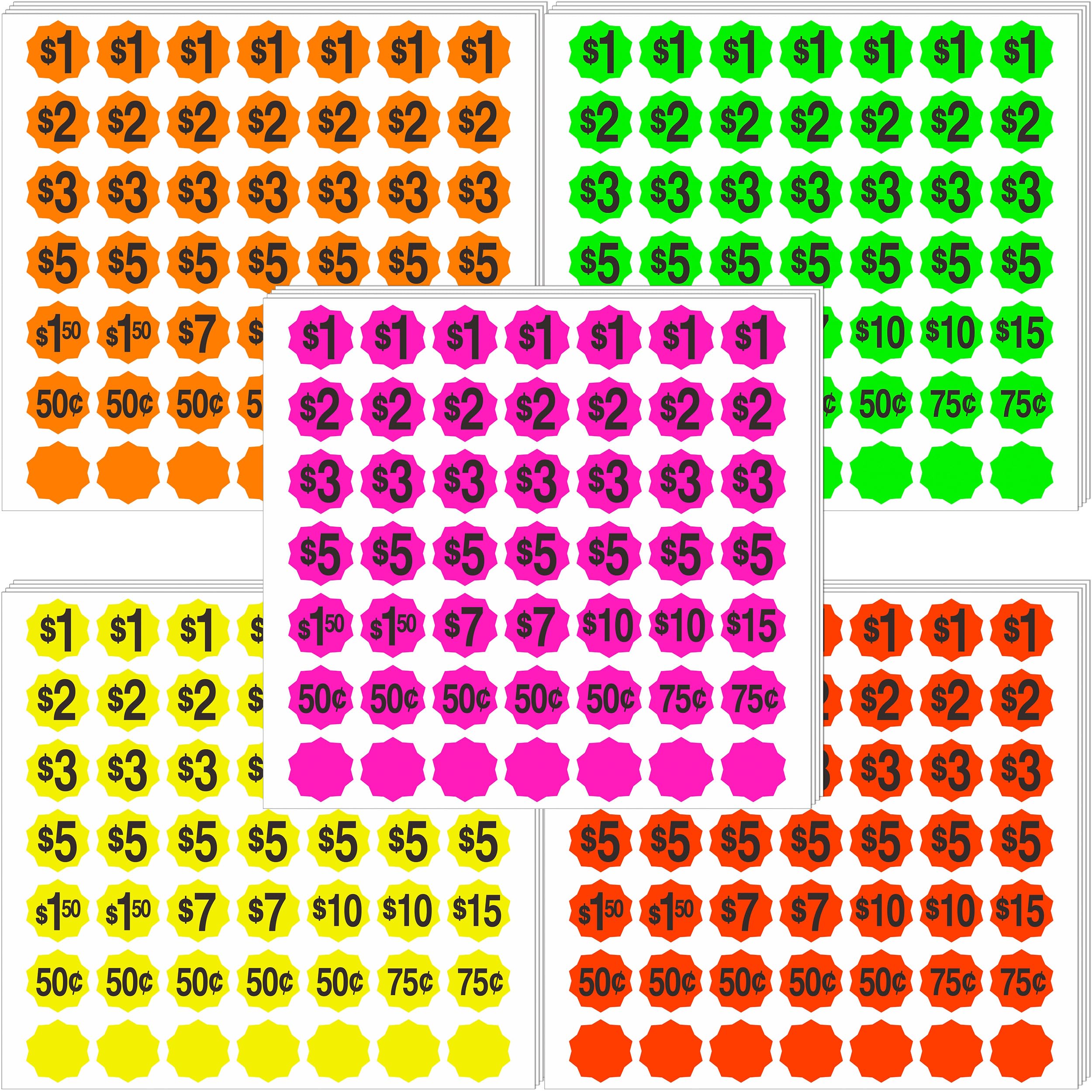 Garage Sale Sticker, Yard Sale Price Stickers, 1470 Pack, 3/4 Inch Round Labels, Fluorescent Colors, Pre-Printed $0.50-$15
