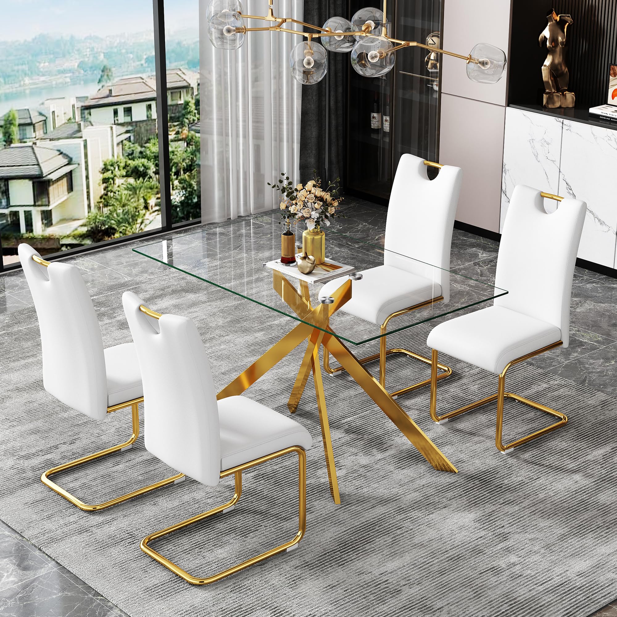 51.18' Rectangular Glass Dining Table, Tempered Glass Kitchen Tabe With Metal Legs, Stylish And Sturdy Dinner Table For Home An