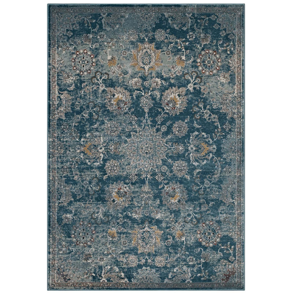 Modway Cynara Distressed Floral Medallion 8X10 Area Rug In Silver Blue, Teal And Beige