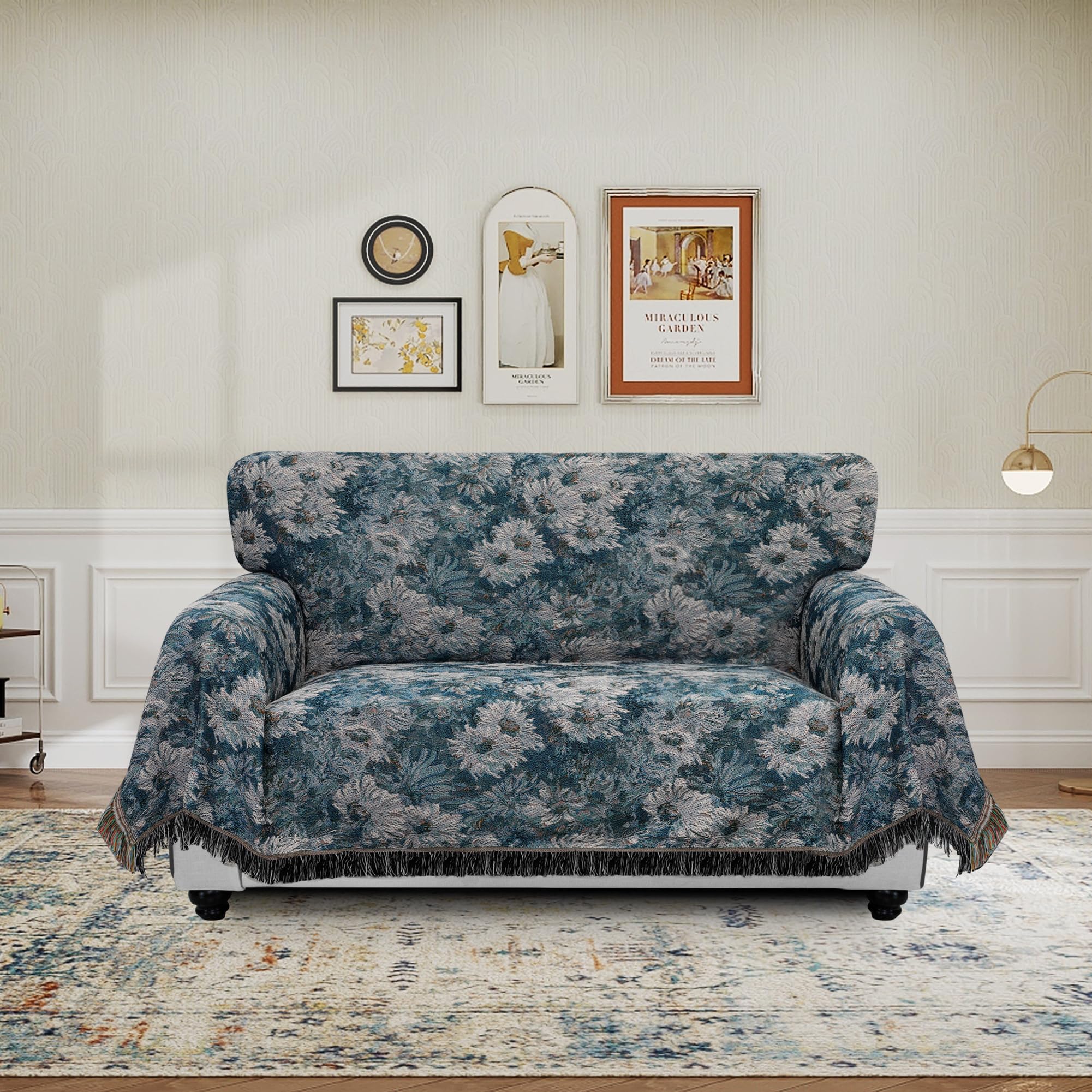 Purefit Geometric Jacquard Throw Sofa Cover - Textured Soft Washable Decorative Couch Covers For 3 Cushion Couch, Throw Cover With Tassels Furniture Protector For Pets (Medium, Flower Peacock Blue)