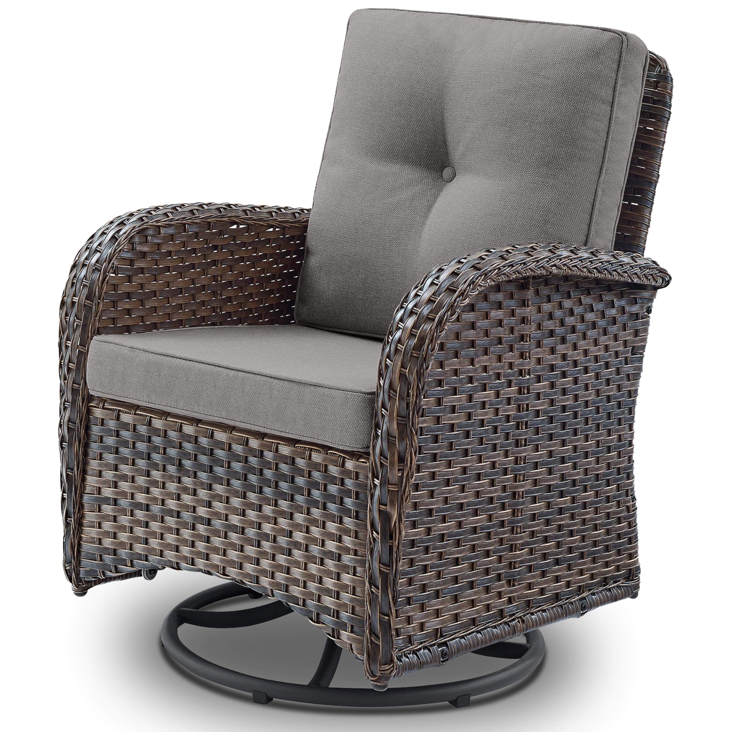 Patio Furniture Swivel Glider Pe Wicker Chair, Outdoor Swivel Rocker Seating With Cushions For Porch Deck Balcony, Brown/Gray
