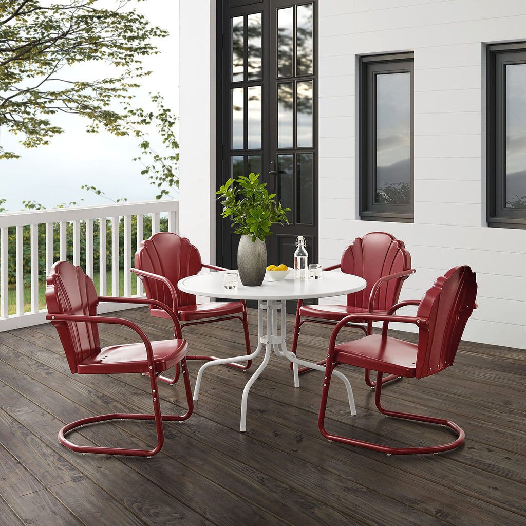 Crosley Furniture Tulip 5-Piece Outdoor Dining Set For 4, Retro Metal Round Patio Table And Chairs For Deck, Dark Red Satin