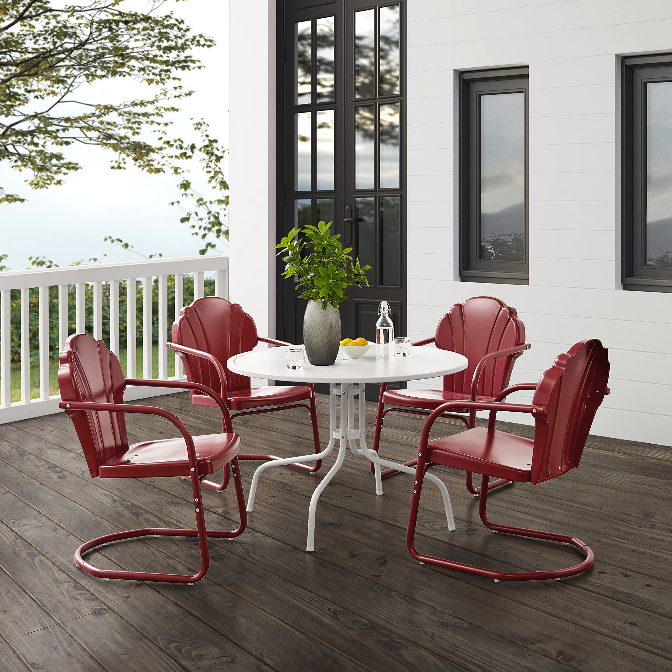 Crosley Furniture Tulip 5-Piece Outdoor Dining Set For 4, Retro Metal Round Patio Table And Chairs For Deck, Dark Red Satin