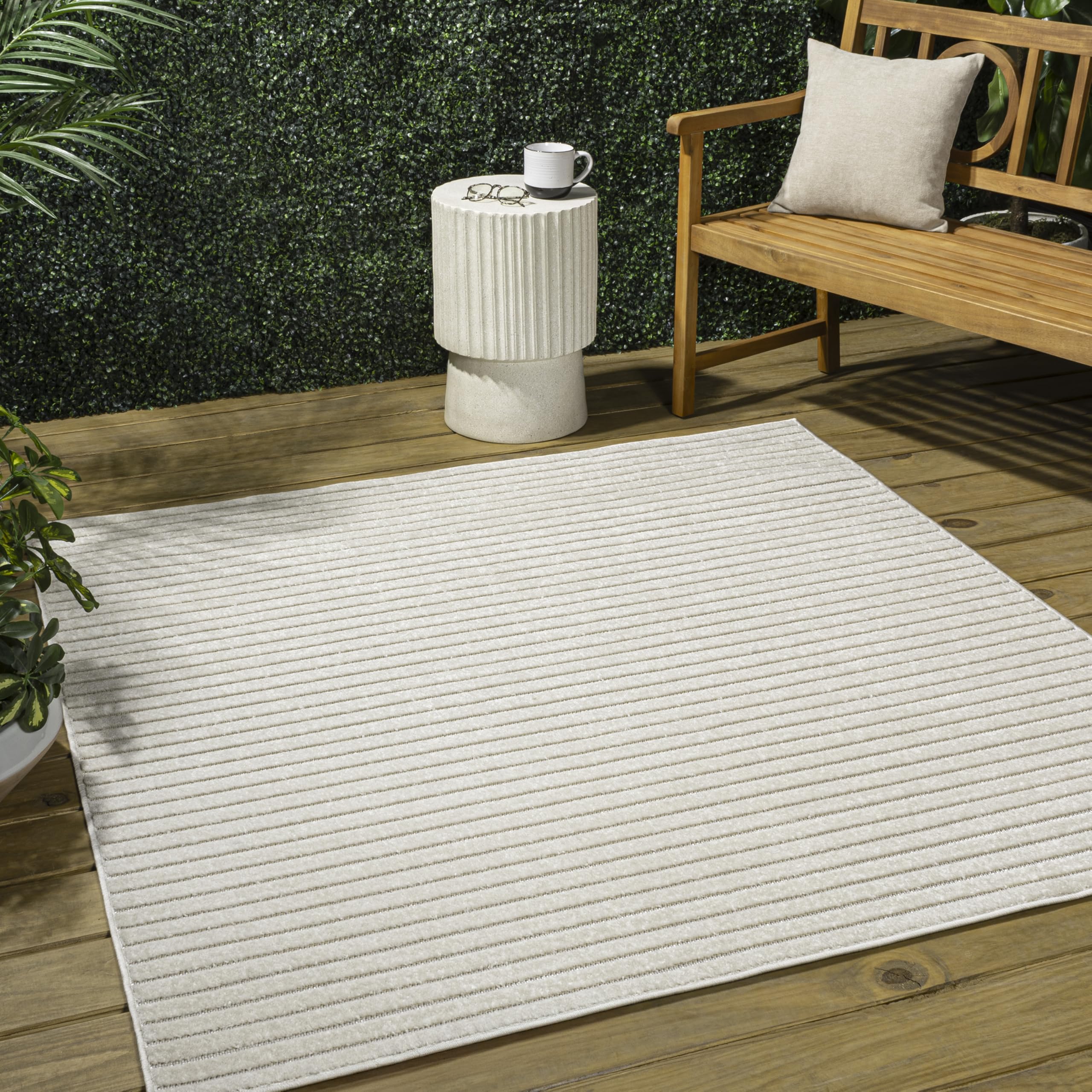 Jonathan Y Scn102B-6Sq Aarhus High-Low Minimalist Scandi Striped Ivory/Cream 6' Square Indoor/Outdoor Area Rug, Pet Friendly, No