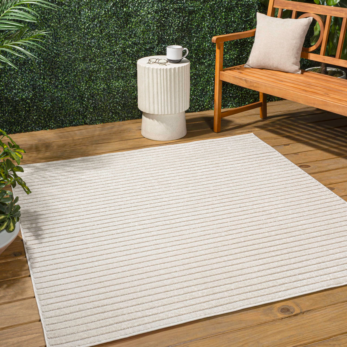 Jonathan Y Scn102B-6Sq Aarhus High-Low Minimalist Scandi Striped Ivory/Cream 6' Square Indoor/Outdoor Area Rug, Pet Friendly, No