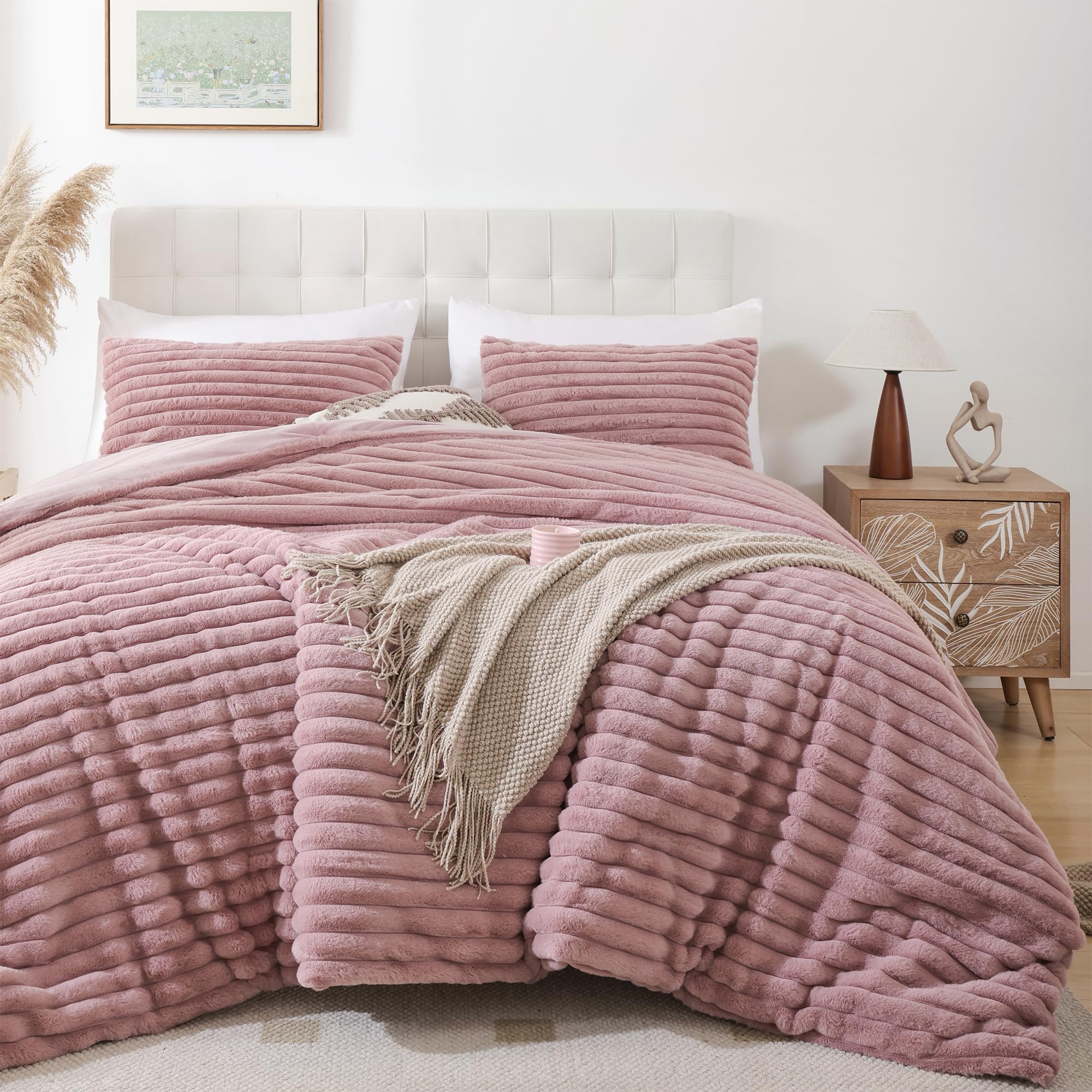 Smoofy Fluffy King Size Comforter Set 3 Pieces - Oldpink Fleece Fluffy Comforter King Size, Luxury Fuzzy King Bedding Set, Soft