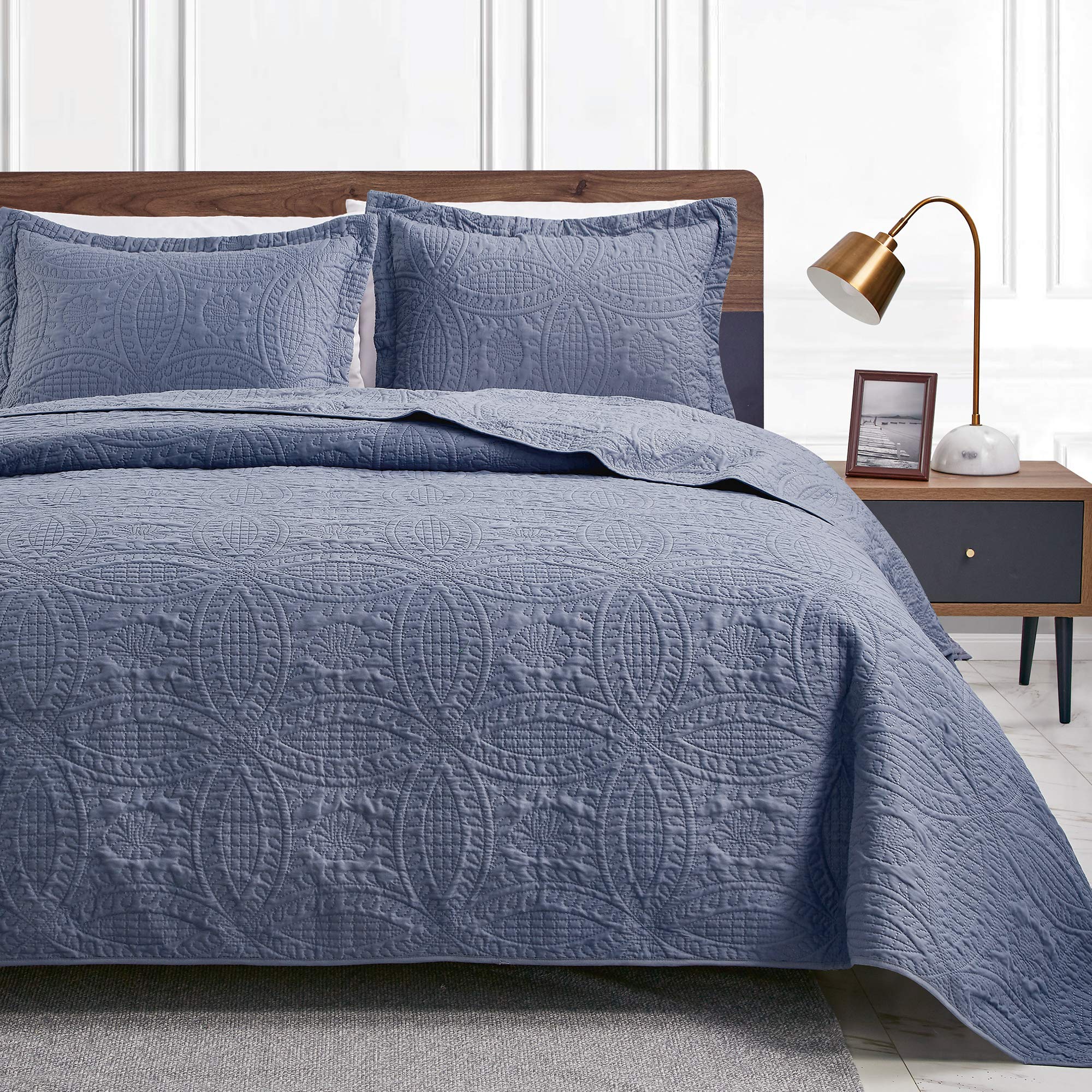 Love'S Cabin King Size Quilt Set Blue Bedspreads - Soft Bed Summer Quilt Lightweight Microfiber Bedspread- Modern Style Coin Pat