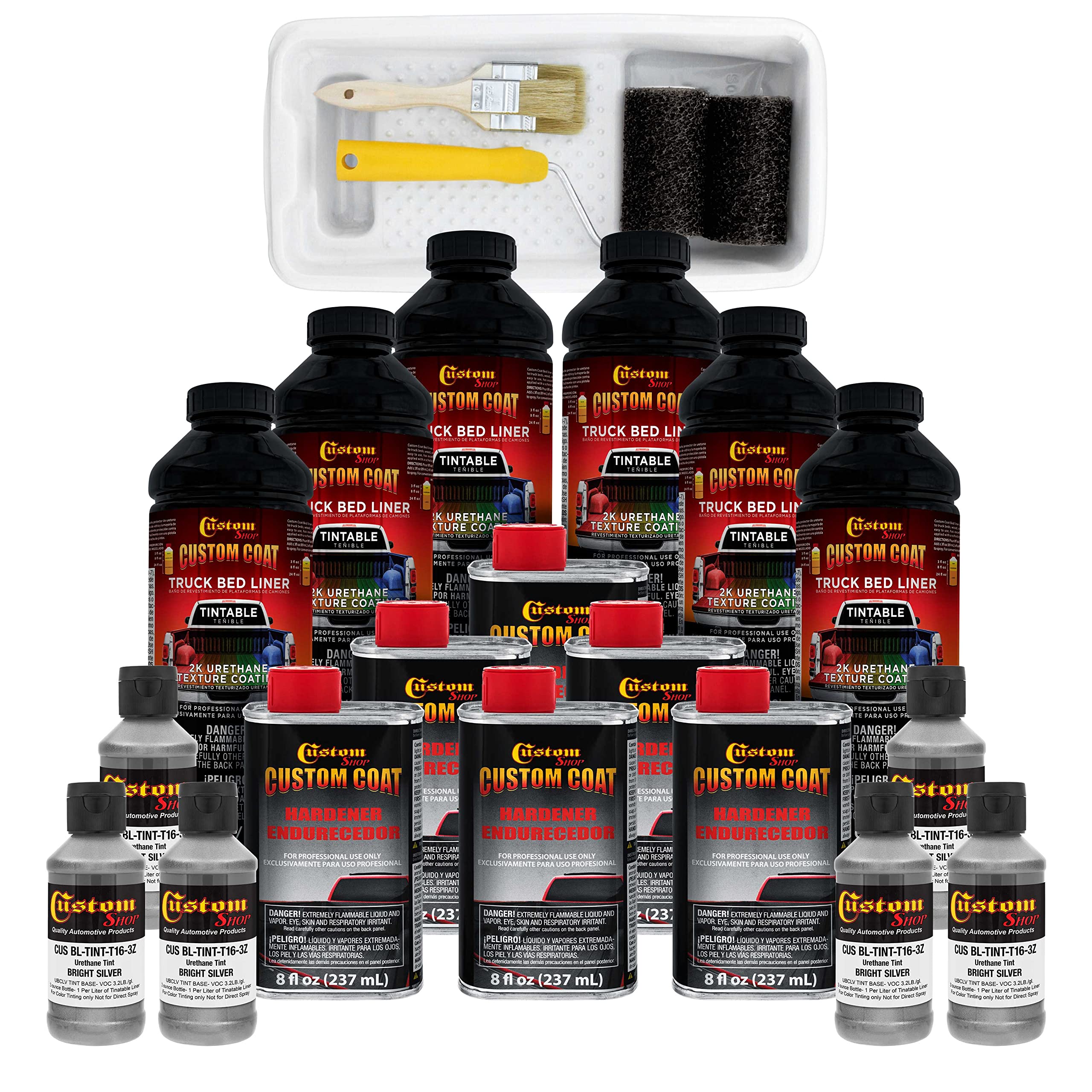 Custom Coat Bright Silver 1.5 Gallon (6 Quart) Urethane Roll-On, Brush-On Or Spray-On Truck Bed Liner Kit With Roller And Brush