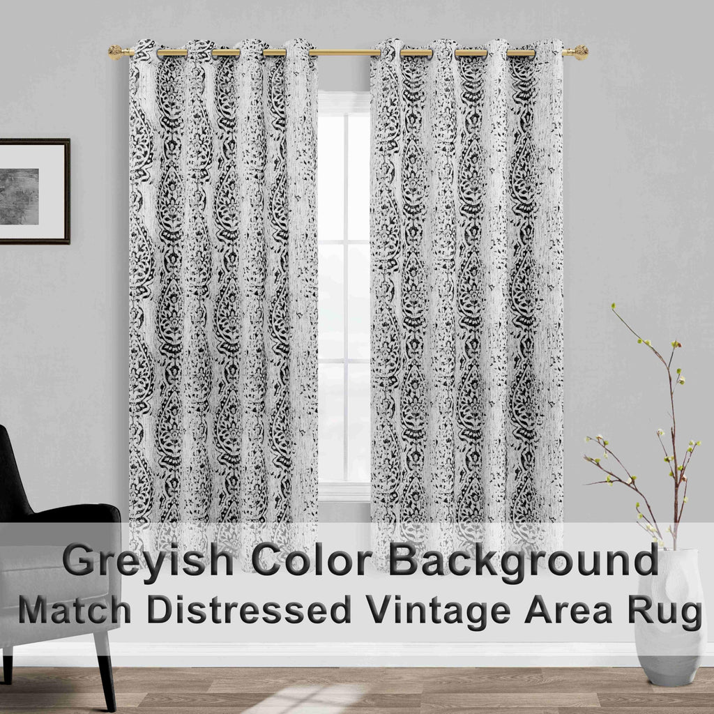 Mrs.Naturall Black Curtains 63 Inch Length For Bedroom 2 Panel Set,Light Blocking Grommet Damask Medallion Print 50% Black Out Curtains 63 Inch Long