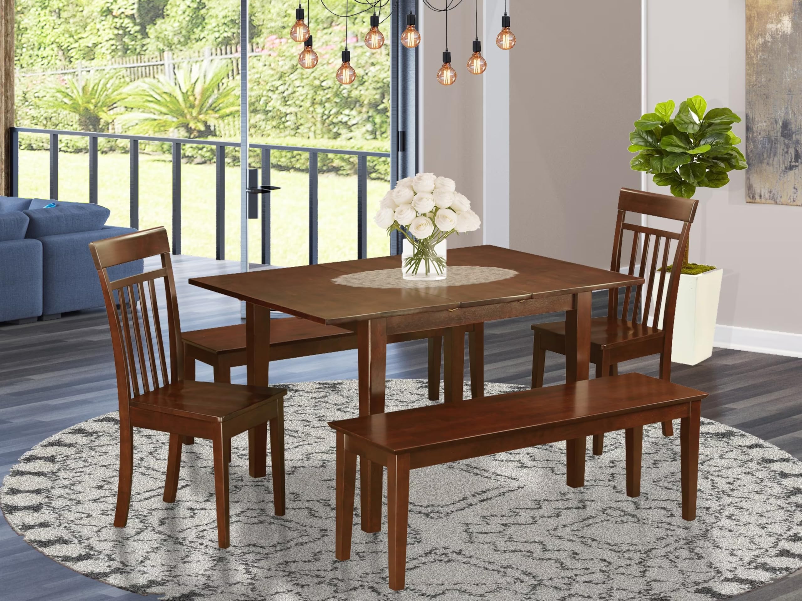 East West Furniture PSCA5C-MAH-W 5 Piece Dining Set Includes a Rectangle Dining Room Table with Butterfly Leaf and 2 Kitchen Chairs with 2 Benches, 32x60 Inch, Mahogany