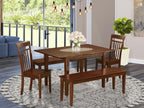 East West Furniture PSCA5C-MAH-W 5 Piece Dining Set Includes a Rectangle Dining Room Table with Butterfly Leaf and 2 Kitchen Chairs with 2 Benches, 32x60 Inch, Mahogany