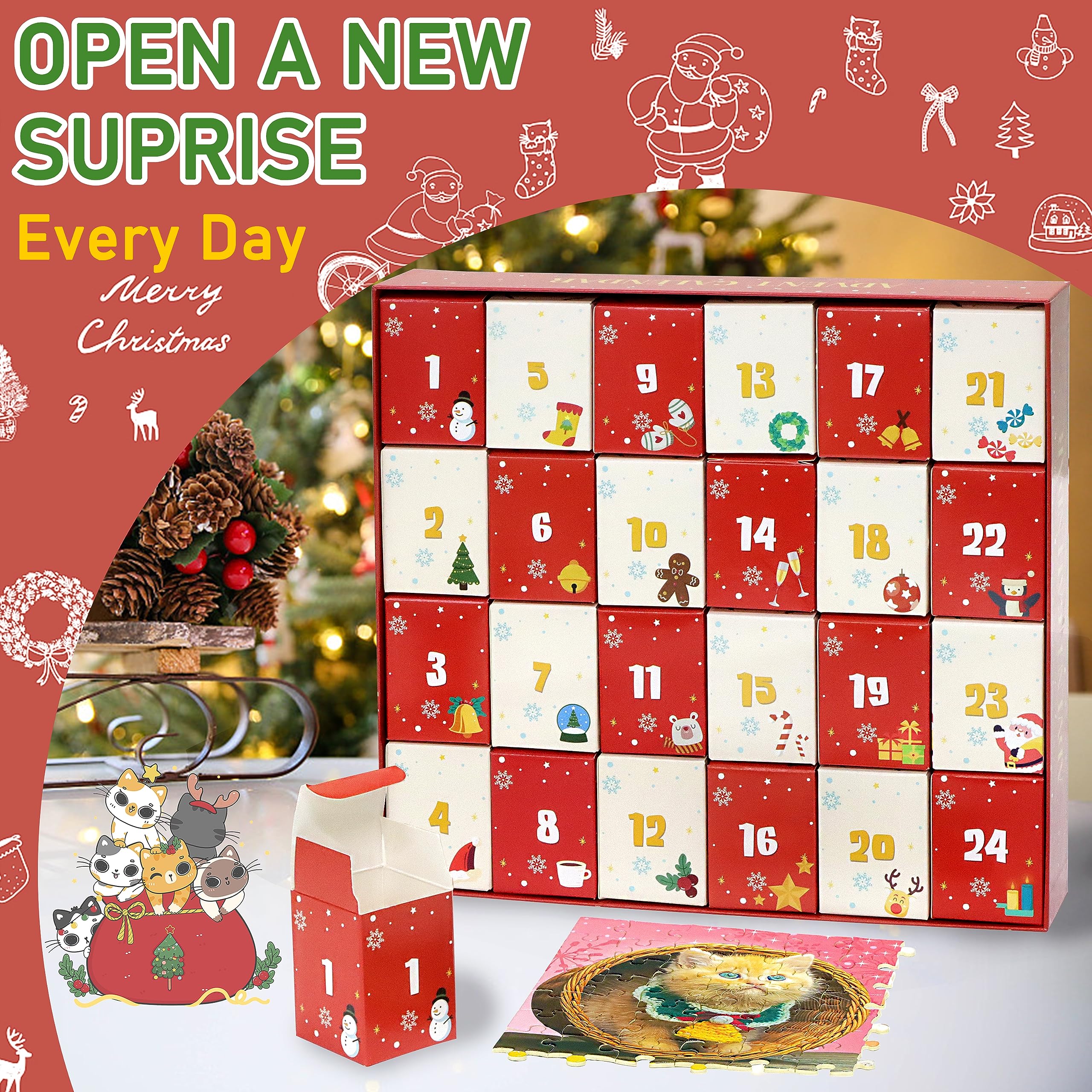 Bestbase Advent Calendar 2024 Christmas Countdown Jigsaw Puzzles - Christmas Cats, 24 Boxes With 1008 Pieces Countdown To Christ