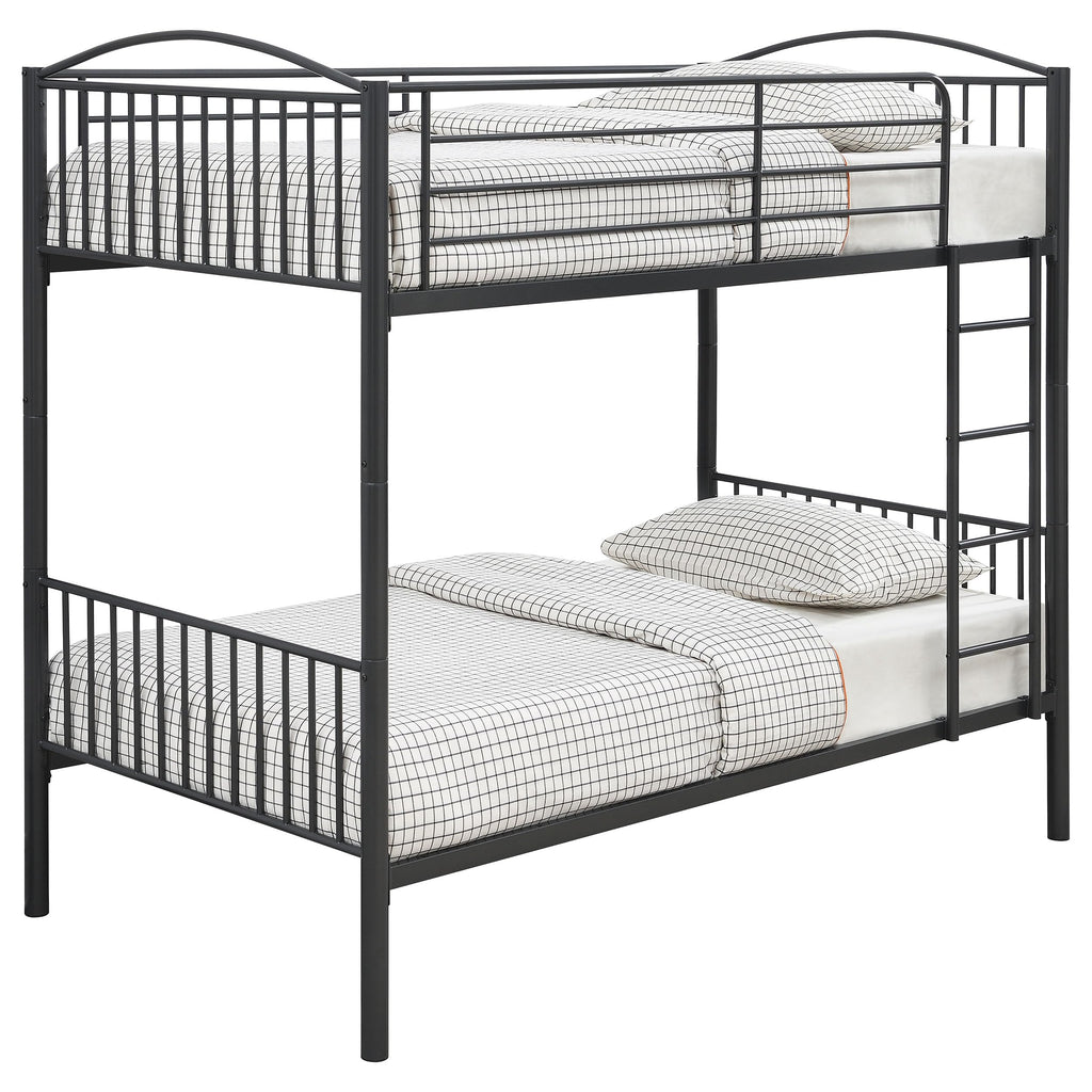 Coaster Home Furnishings Anson Contemporary Metal Twin Over Twin Size Bunk Bed Frame with Ladder and Guardrails Fully Slatted Mattress Ready Foundation Gunmetal 400739T
