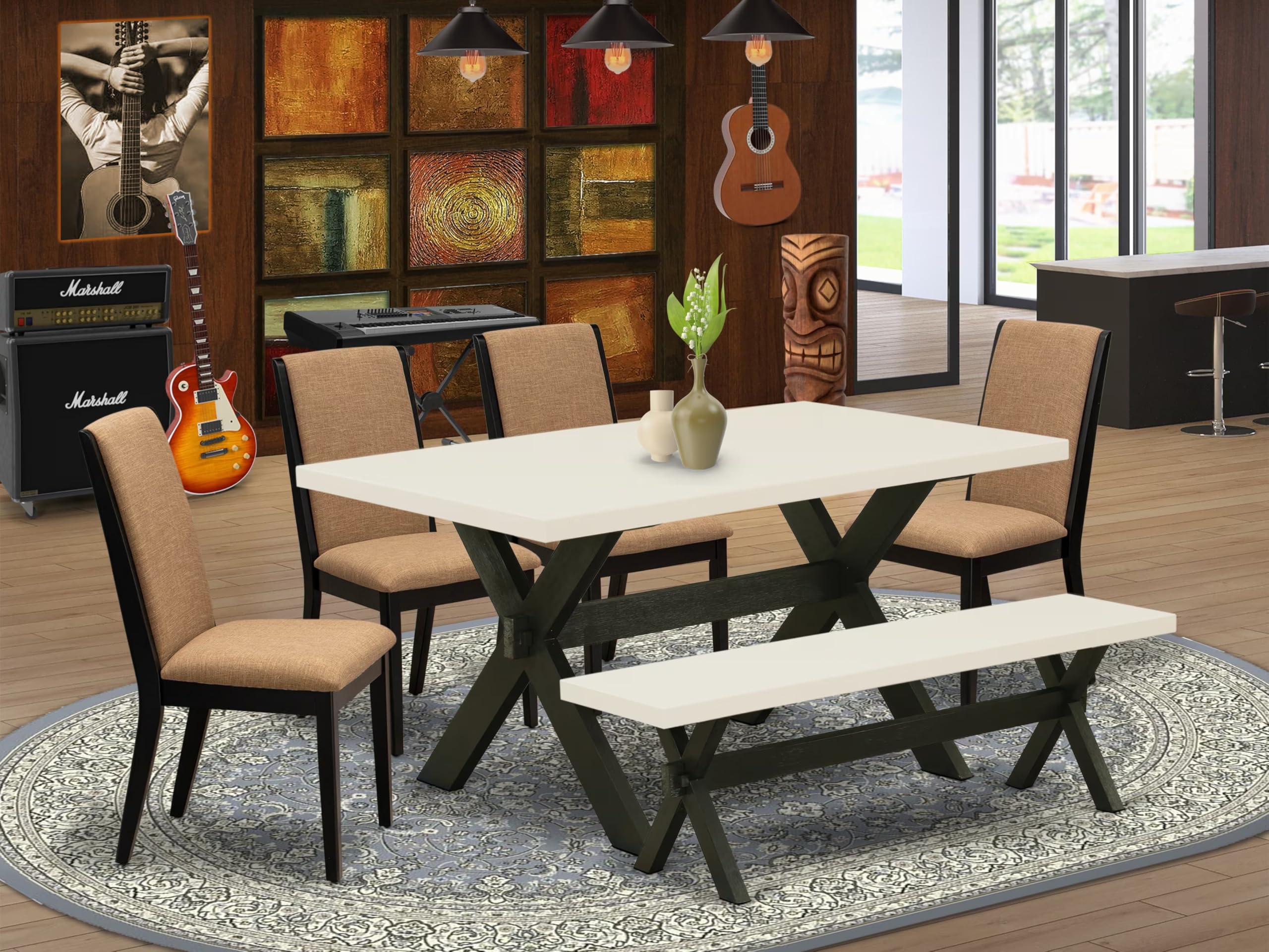 East West Furniture X626La147-6 6 Piece Kitchen Table Set Contains A Rectangle Dining Table With X-Legs And 4 Light Sable Linen Fabric Parson Chairs With A Bench, 36X60 Inch, Multi-Color