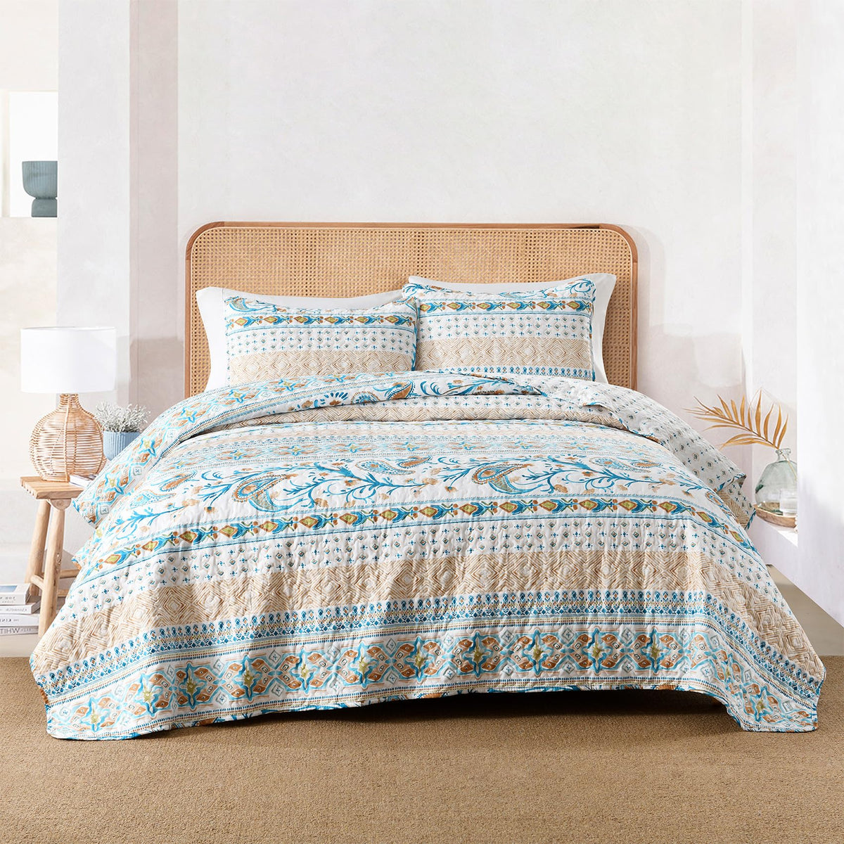 Boho Style King Quilt Set Reversible Bohemian Paisley Teal Quilt Beddding Set, Soft And Lightweight Bedspread For All Season, Ov