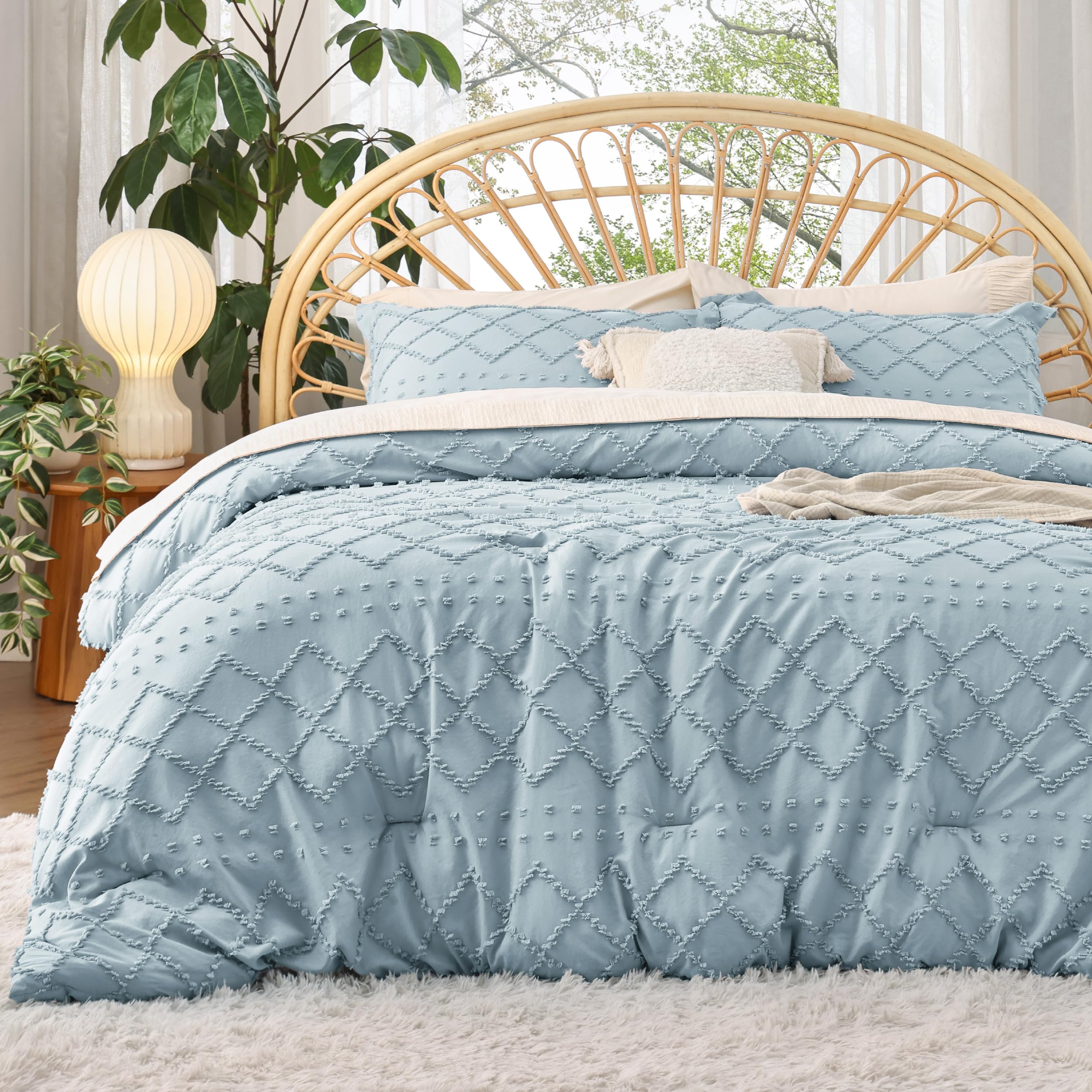 Bedsure Queen Comforter Set - Dusty Blue Comforter, Boho Tufted Shabby Chic Bedding Comforter Set, 3 Pieces Vintage Farmhouse Be