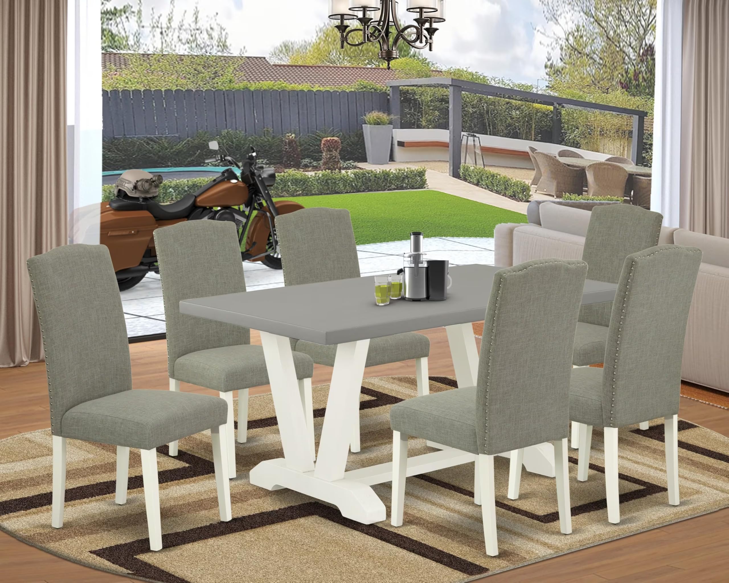 East West Furniture V096En206-7 7 Piece Dining Table Set Consist Of A Rectangle Dining Room Table With V-Legs And 6 Dark Shitake Linen Fabric Parsons Chairs, 36X60 Inch, Multi-Color