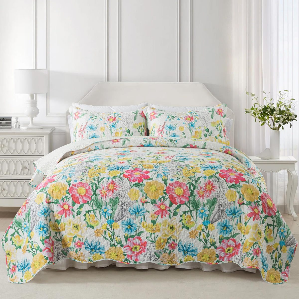 Newlake Quilt Bedspread Sets- Dreamy Flowers Reversible Coverlet Set,King Size