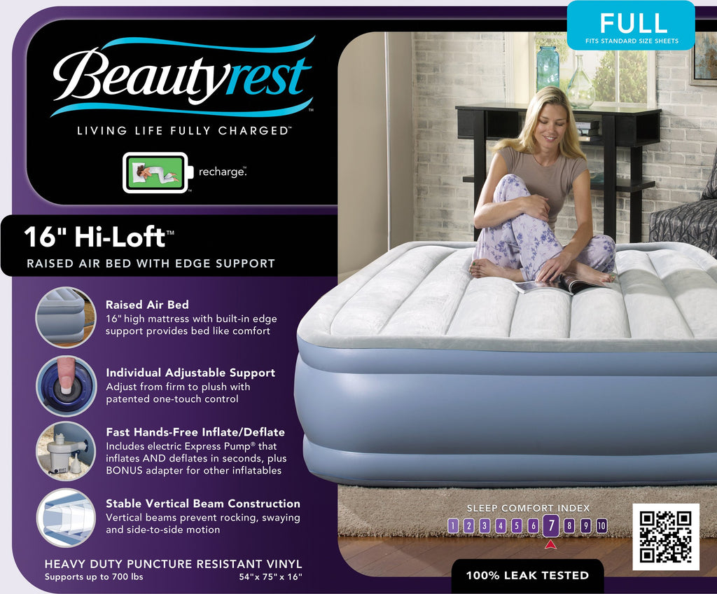 Beautyrest Hi-Loft Inflatable Mattress: Raised-Profile Air Bed with External Pump, Full Blue