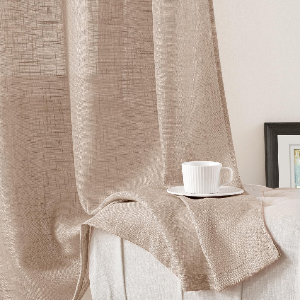 Homeideas Beige Linen Sheer Curtains 84 Inches Long 2 Panels Textured Taupe Semi Sheer Curtains Farmhouse Sheer Privacy Window C
