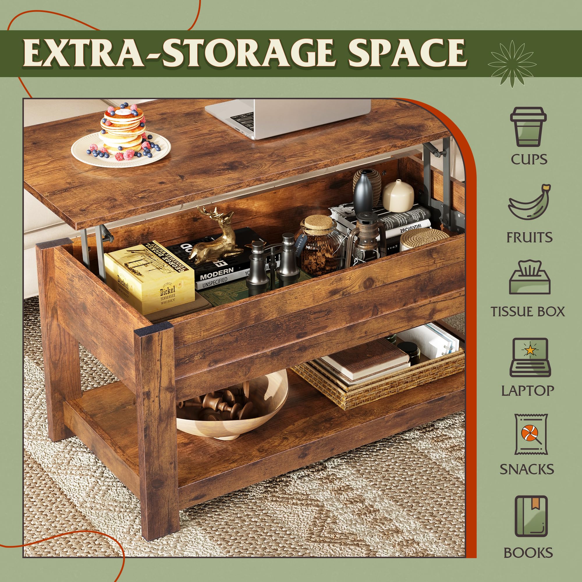 Wlive Coffee Table, 39' Lift Top Coffee Table With Hidden Compartment And Storage Shelf For Living Room, Rustic Brown