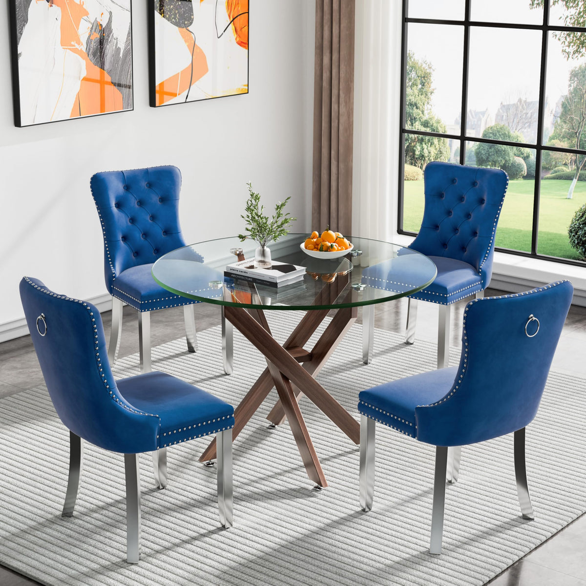 Kuvadaz 36' Modern Walnut Glass Dining Room Table Set For 4, 5-Piece Round Kitchen Dining Table Set With Cross Metal Legs And 4