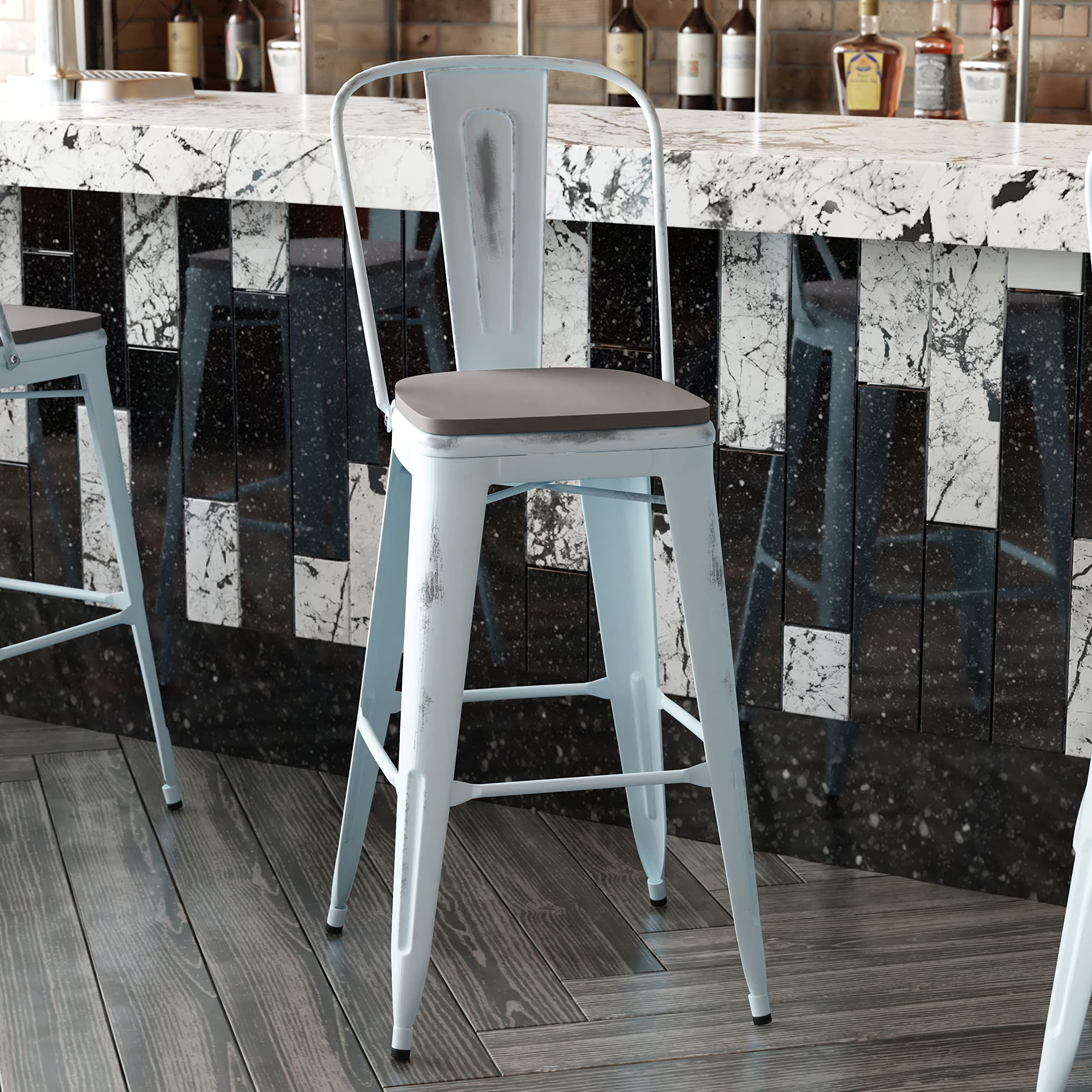 Flash Furniture Carly Commercial Grade 30&Quot; High Green-Blue Metal Indoor-Outdoor Bar Height Stool With Back And Gray Polystyrene Seat