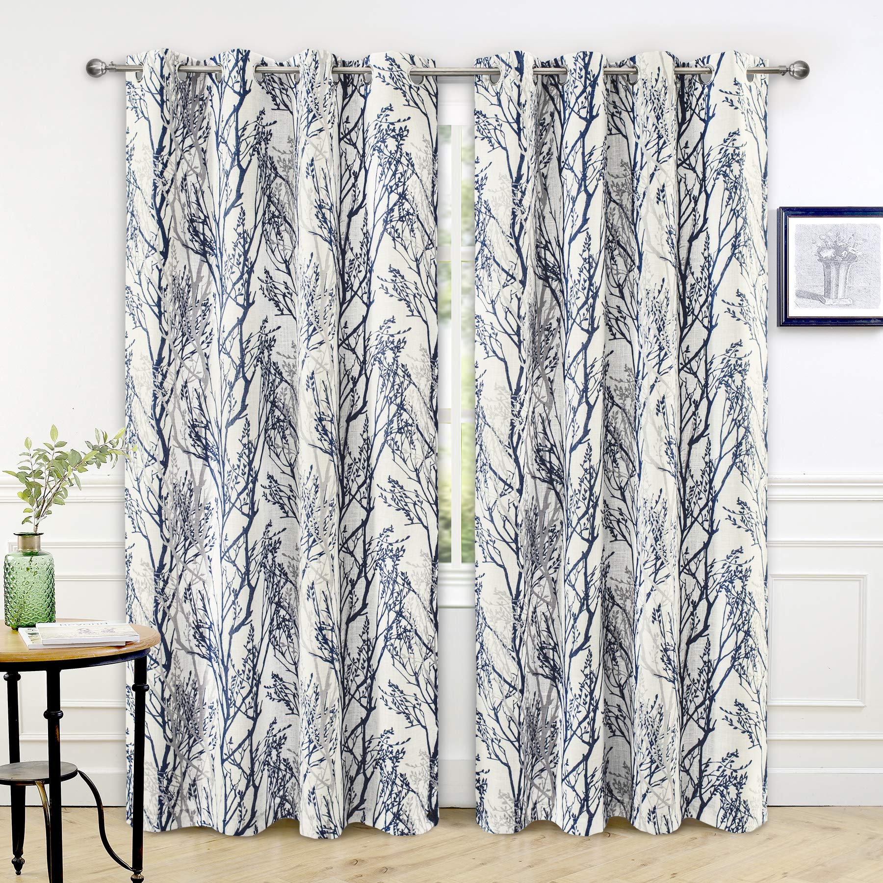 Driftaway Blue White Linen Blend Tree Branch Blackout Curtains For Bedroom 84' Long Blue Branch Lined Window Treatment Thermal