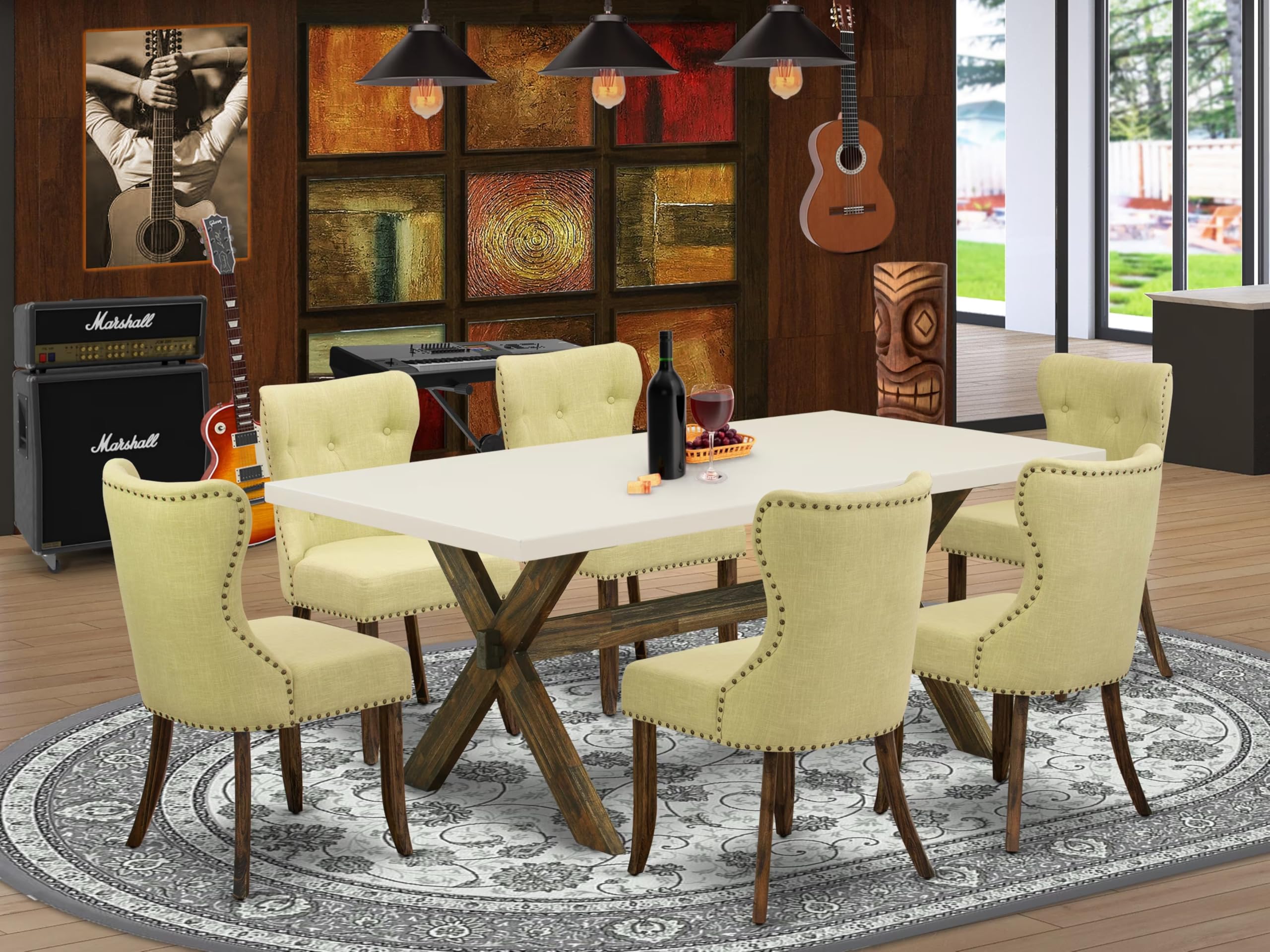 East West Furniture X727Si737-7 7 Piece Dining Table Set Consist Of A Rectangle Dining Room Table With X-Legs And 6 Limelight Linen Fabric Upholstered Chairs, 40X72 Inch, Multi-Color