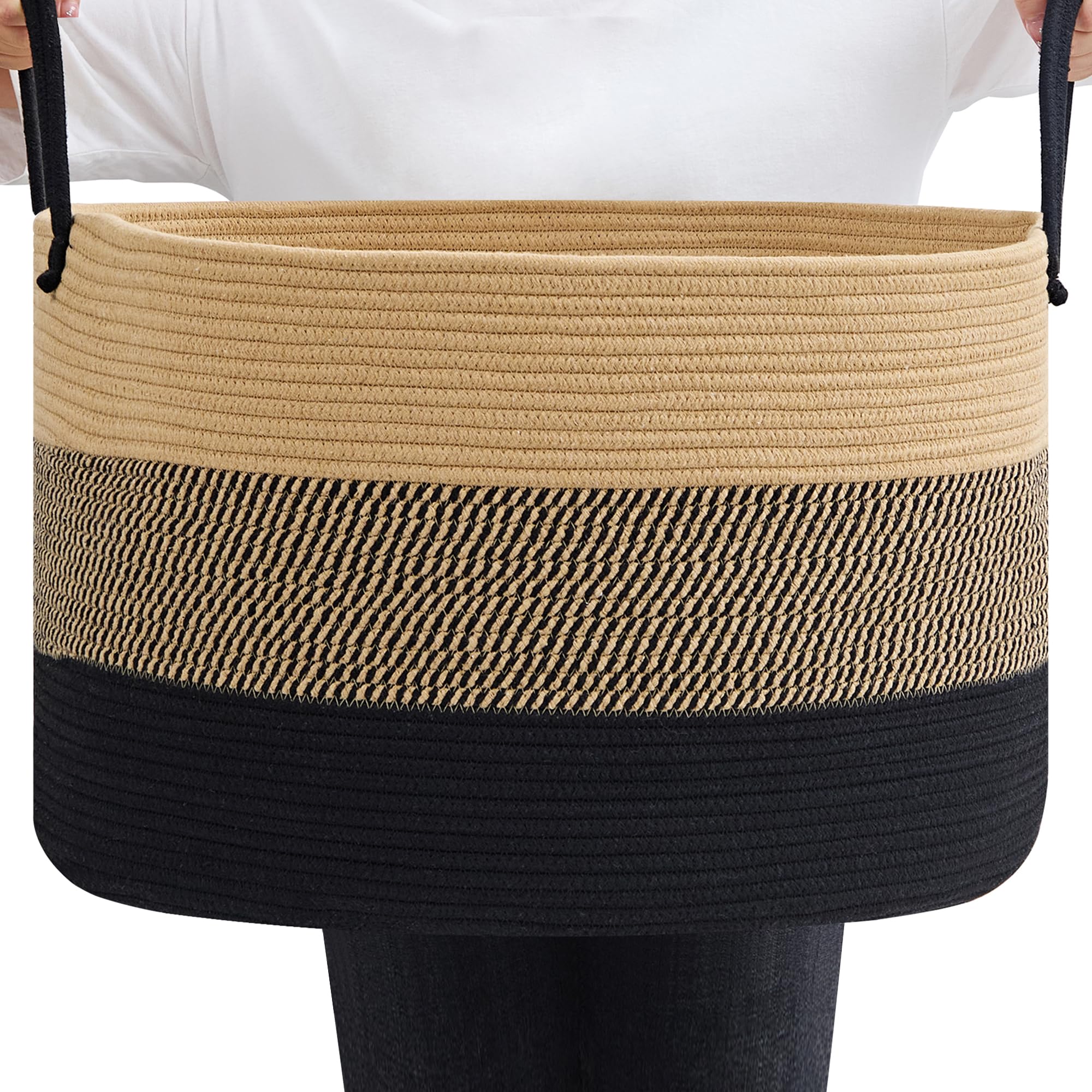 Vecelo Large Blanket Basket (21.7'X13.8') Round Woven Rope Basket With Handles, Soft Cotton Basket Storage For Living Room, La