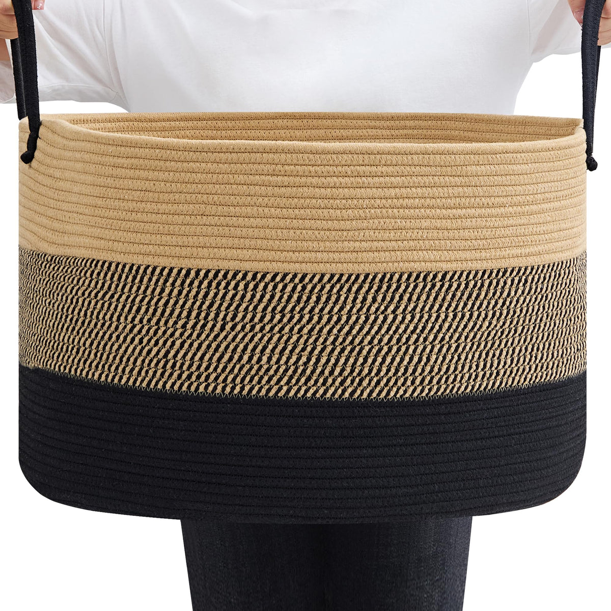 Vecelo Large Blanket Basket (21.7'X13.8') Round Woven Rope Basket With Handles, Soft Cotton Basket Storage For Living Room, La