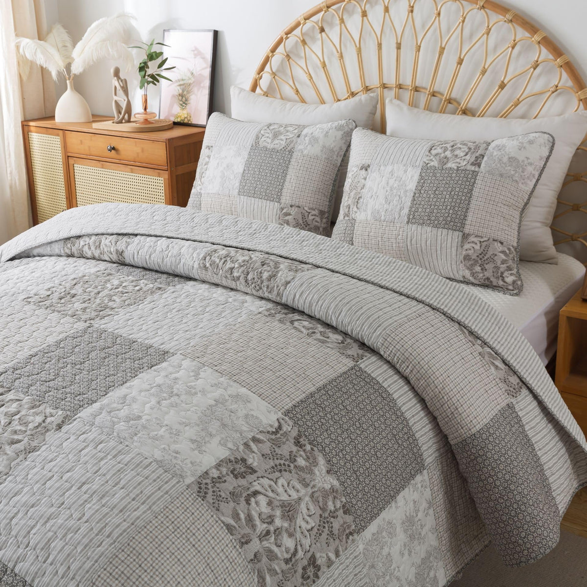 Slpr Silver Linings Cotton Quilt Set - King Size With 2 Shams, Neutral Pieced Patchwork Design, Country Silver Gray Quilted Comf