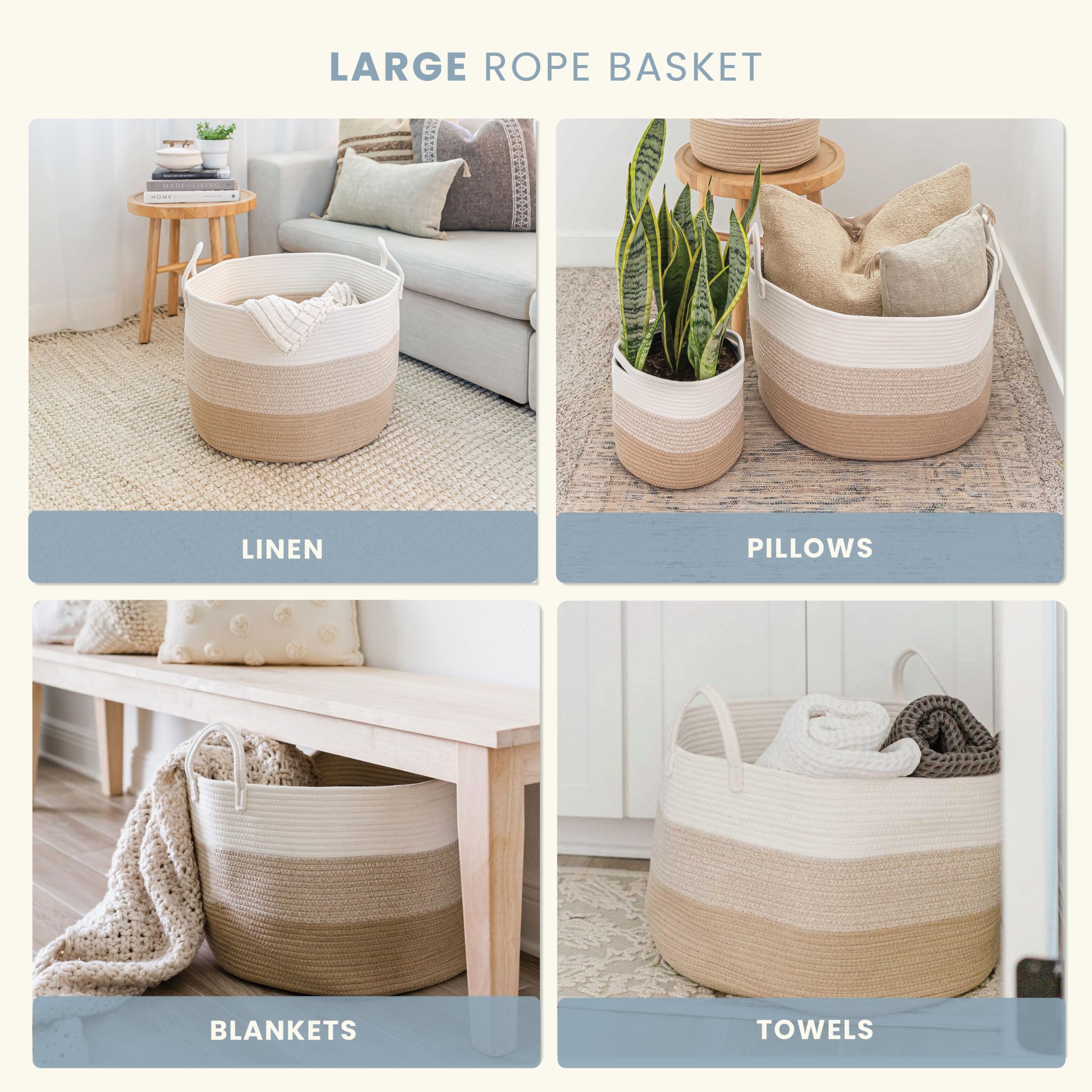 Organihaus Woven Baskets For Storage 20X13, Modern Boho Laundry Basket, Cotton Rope Blanket Basket For Living Room, Extra Large